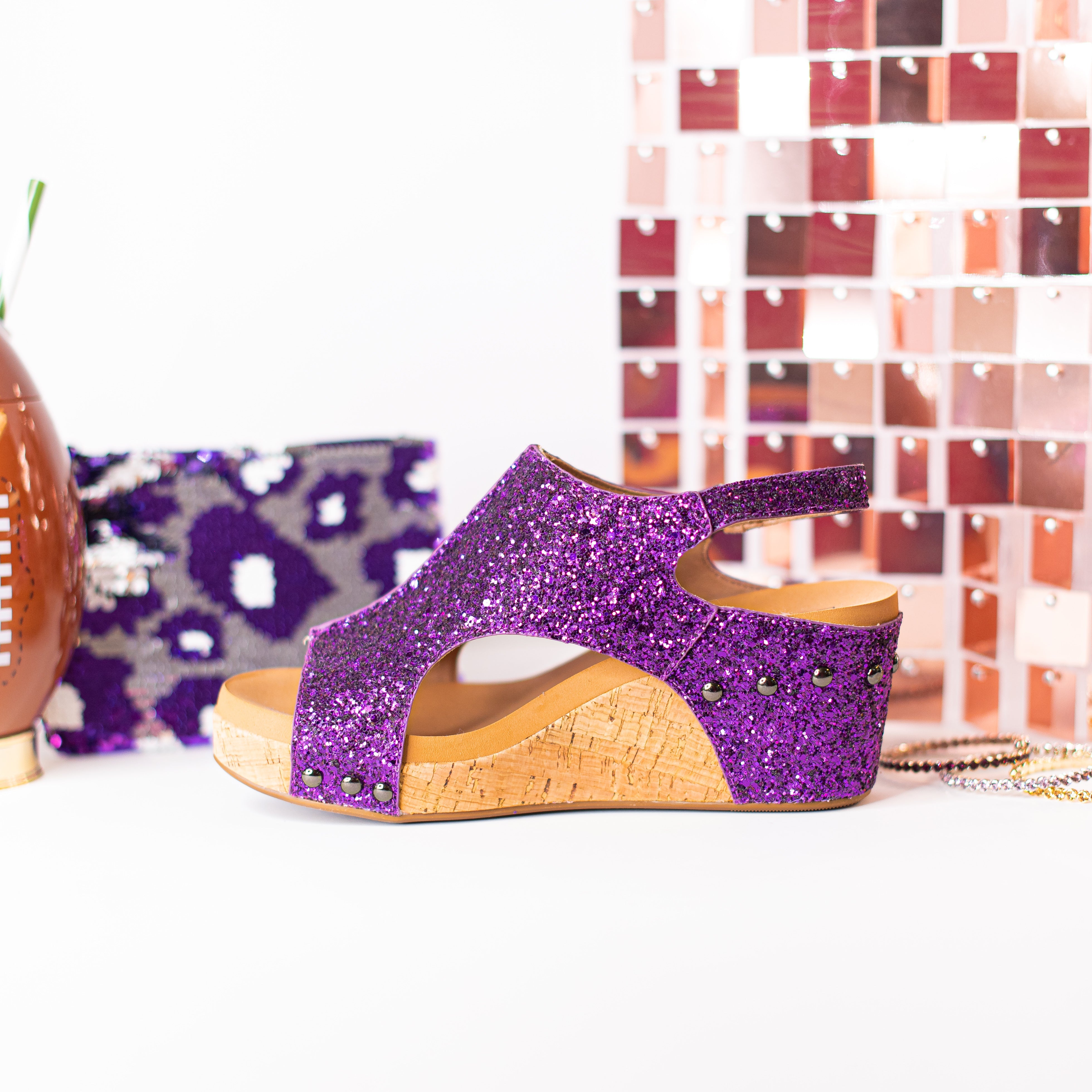 Corkys Carley Purple Glitter-Wedges-Dear Me Southern Boutique, located in DeRidder, Louisiana