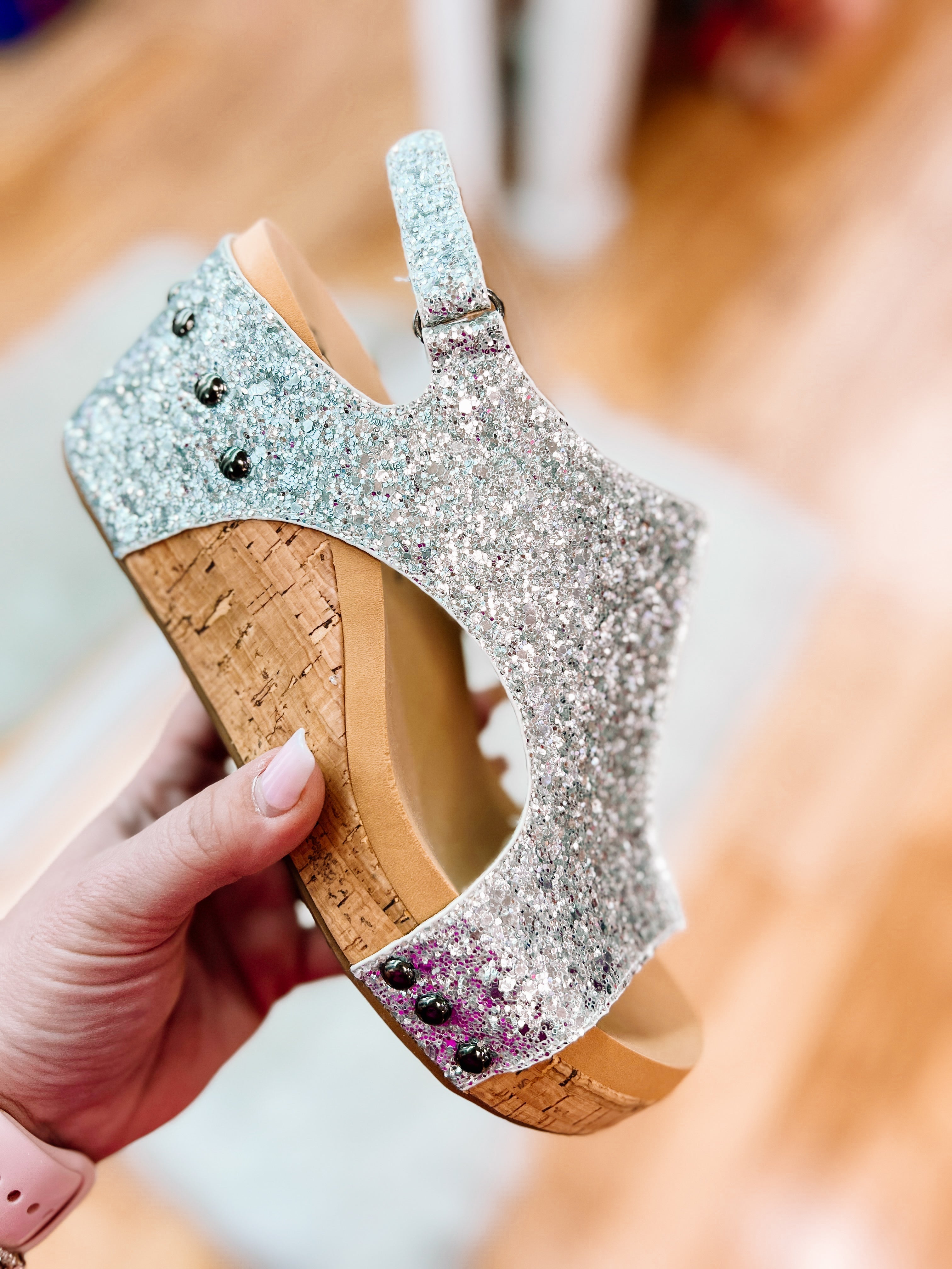 Corkys Carley Silver Glitter-Wedges-Dear Me Southern Boutique, located in DeRidder, Louisiana