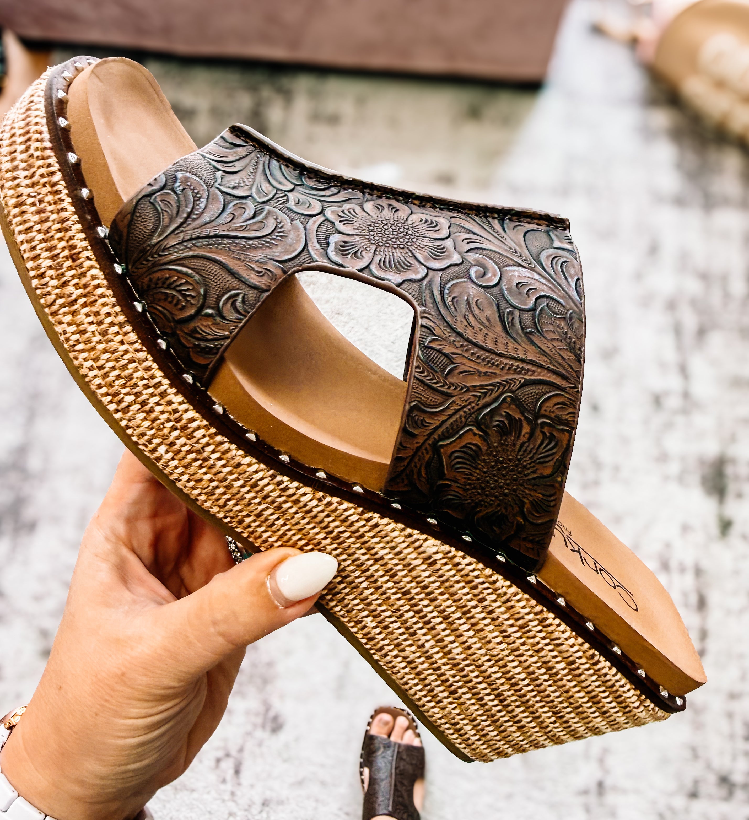 Corkys Kiss N Tell Chocolate Embossed Floral-Wedges-Dear Me Southern Boutique, located in DeRidder, Louisiana