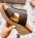 Corkys Kiss N Tell Chocolate Embossed Floral-Wedges-Dear Me Southern Boutique, located in DeRidder, Louisiana