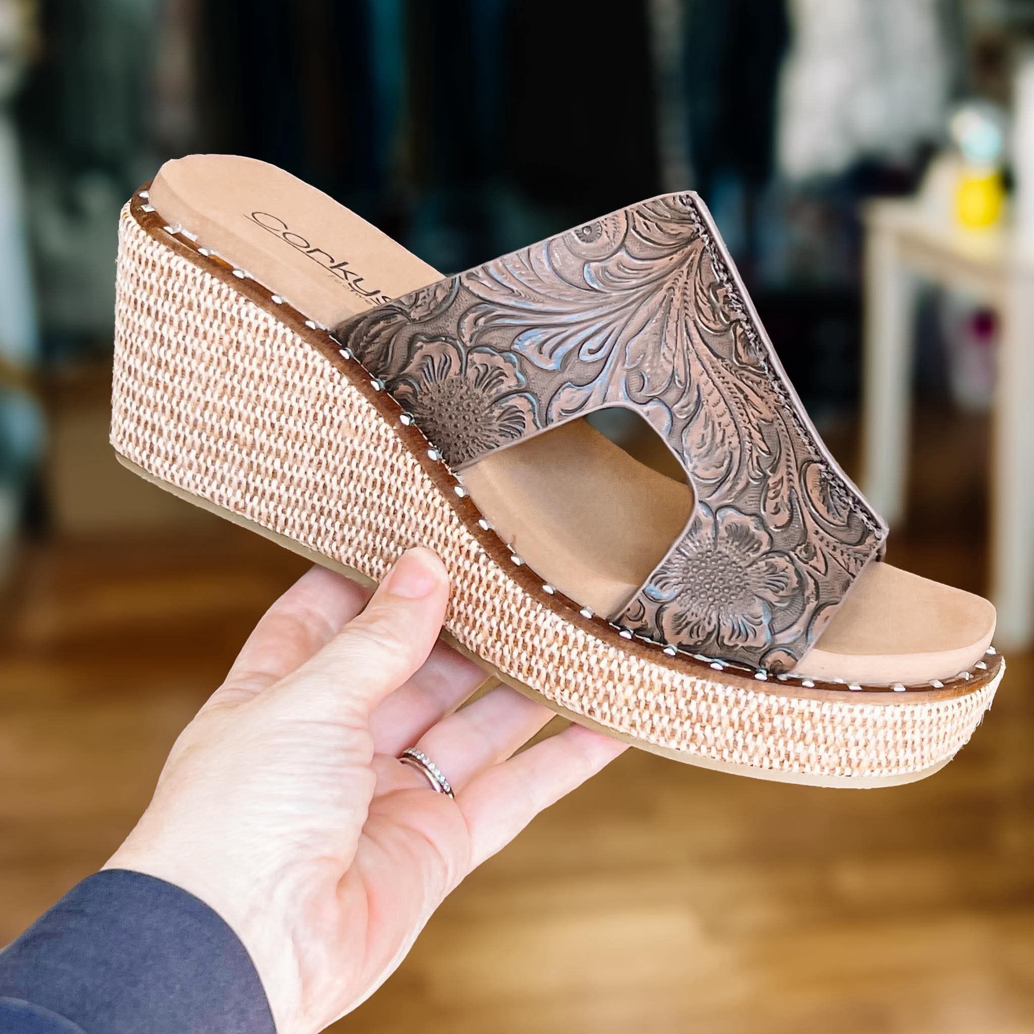 Corkys Kiss N Tell Chocolate Embossed Floral-Wedges-Dear Me Southern Boutique, located in DeRidder, Louisiana