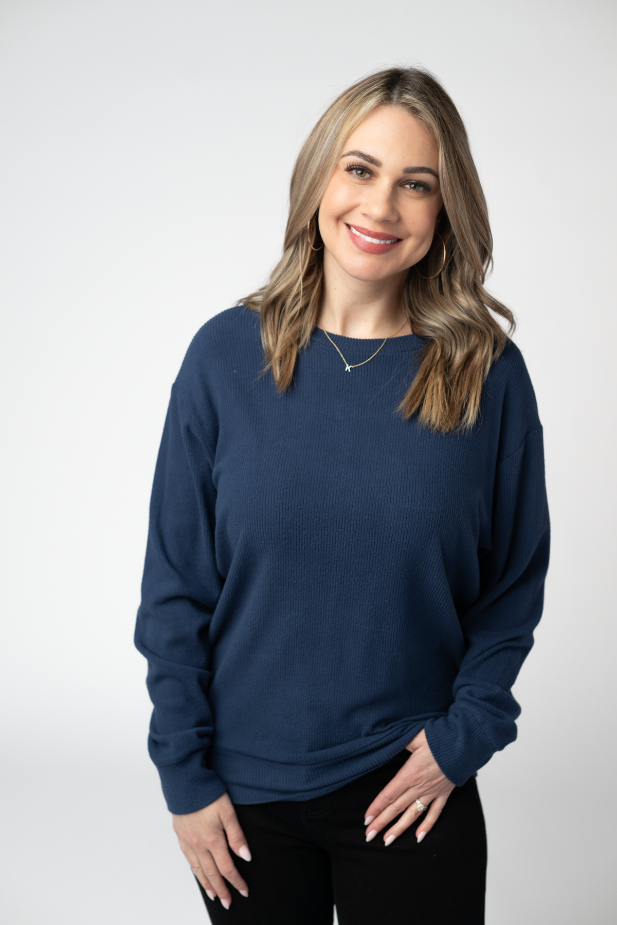 Corrine Ribbed Pullover Top - Navy-Tops-Dear Me Southern Boutique, located in DeRidder, Louisiana