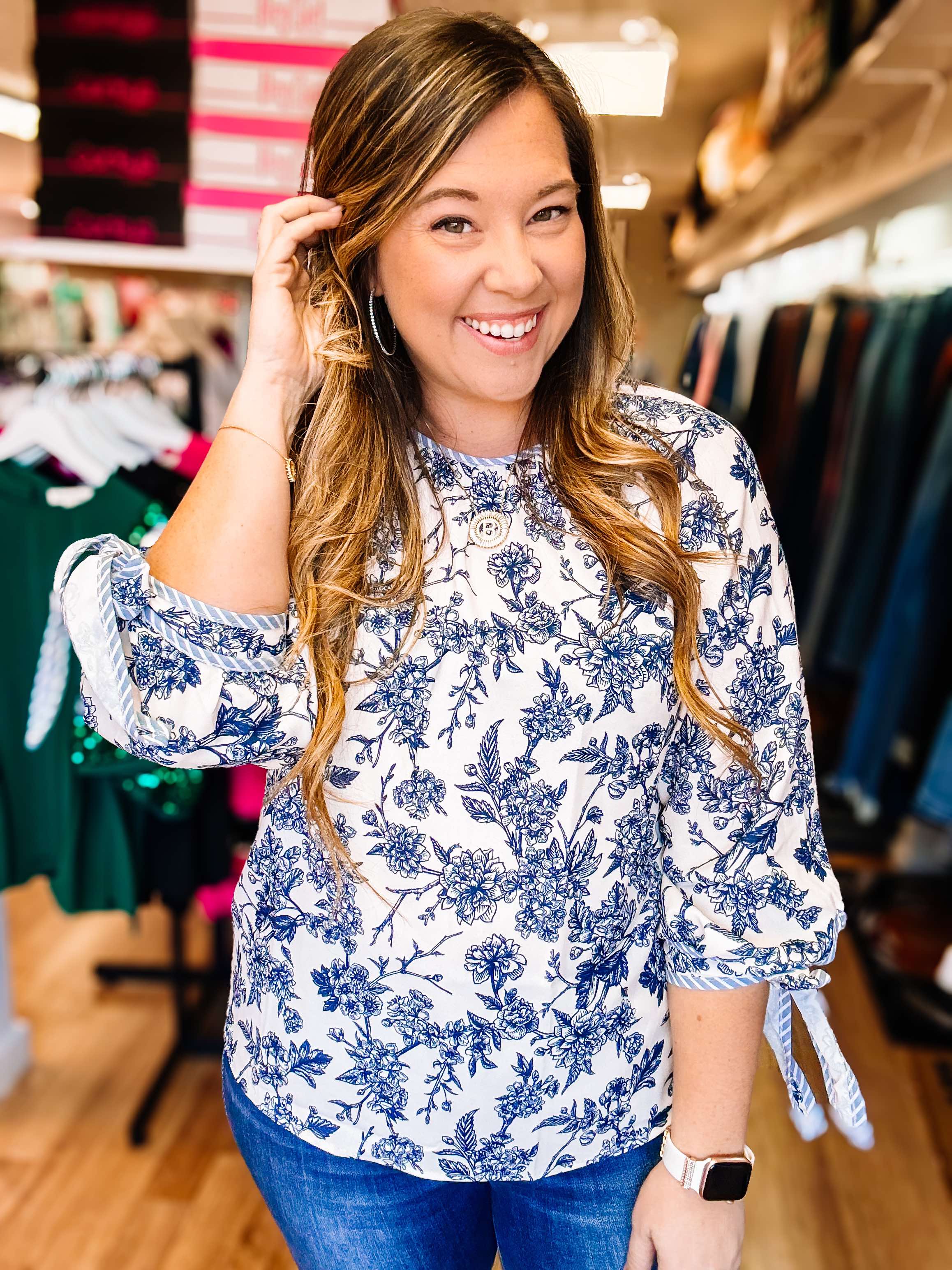 Country Cottage Blue Floral Blouse-Blouses-Dear Me Southern Boutique, located in DeRidder, Louisiana