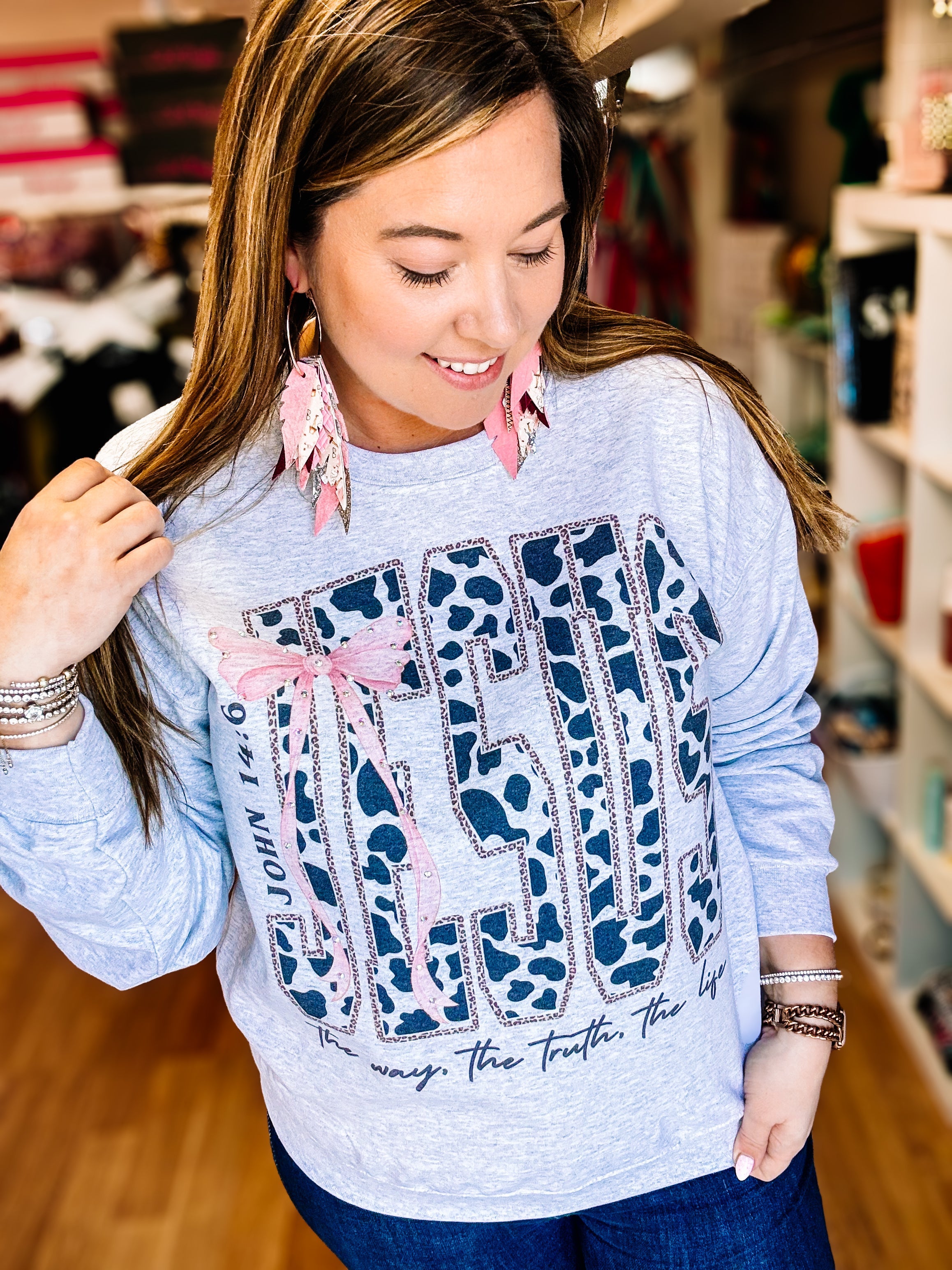 Cow Print Jesus Rhinestone Tee & Crewneck-Tees-Dear Me Southern Boutique, located in DeRidder, Louisiana