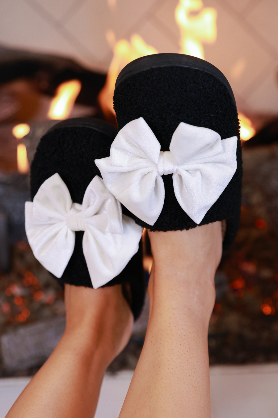 Cozy Bow Slippers - Black & White-shoes-Dear Me Southern Boutique, located in DeRidder, Louisiana