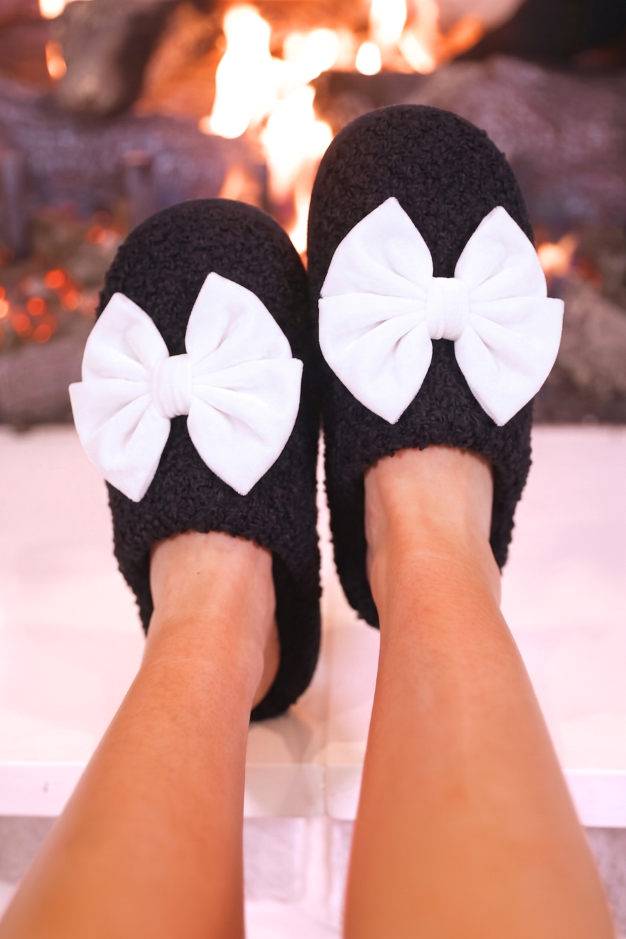 Cozy Bow Slippers- Black/White-Shoes-Dear Me Southern Boutique, located in DeRidder, Louisiana