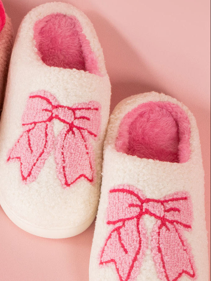 Cozy Bow Slippers - Pink & White-Shoes-Dear Me Southern Boutique, located in DeRidder, Louisiana