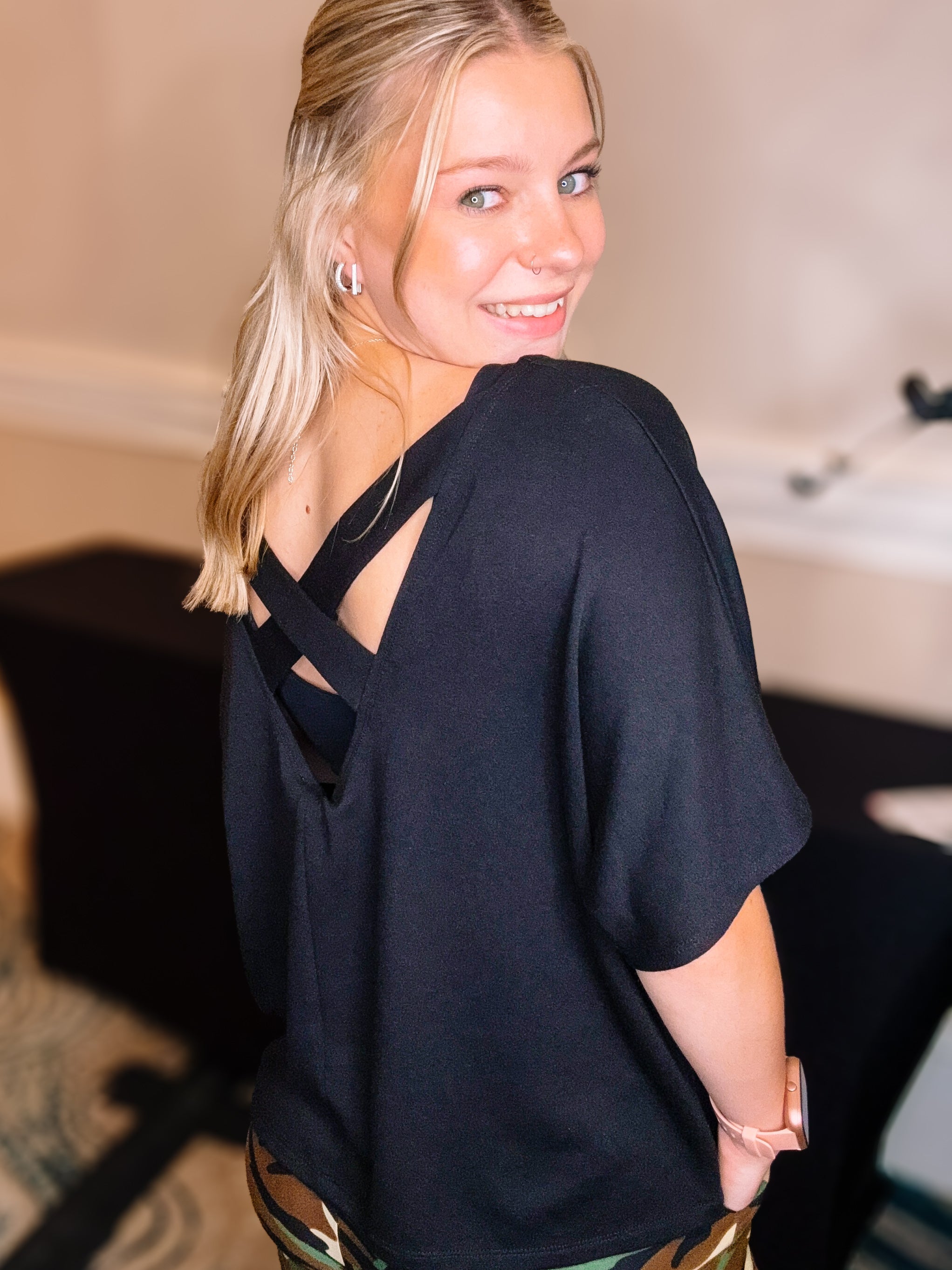 Criss Cross Black Top-Loungewear-Dear Me Southern Boutique, located in DeRidder, Louisiana