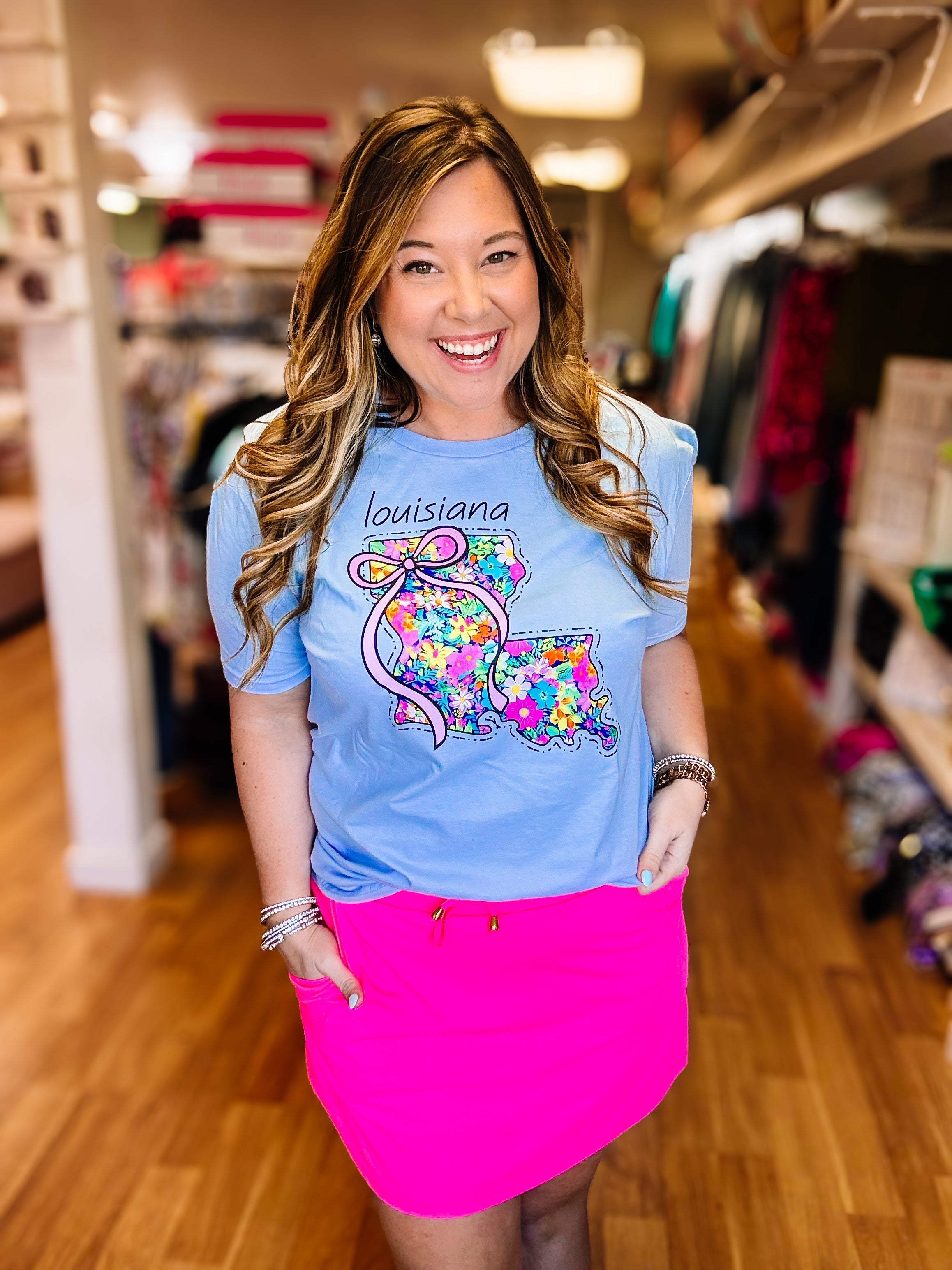 Cutesy Blue Spring Louisiana State Tee-Shirts-Dear Me Southern Boutique, located in DeRidder, Louisiana