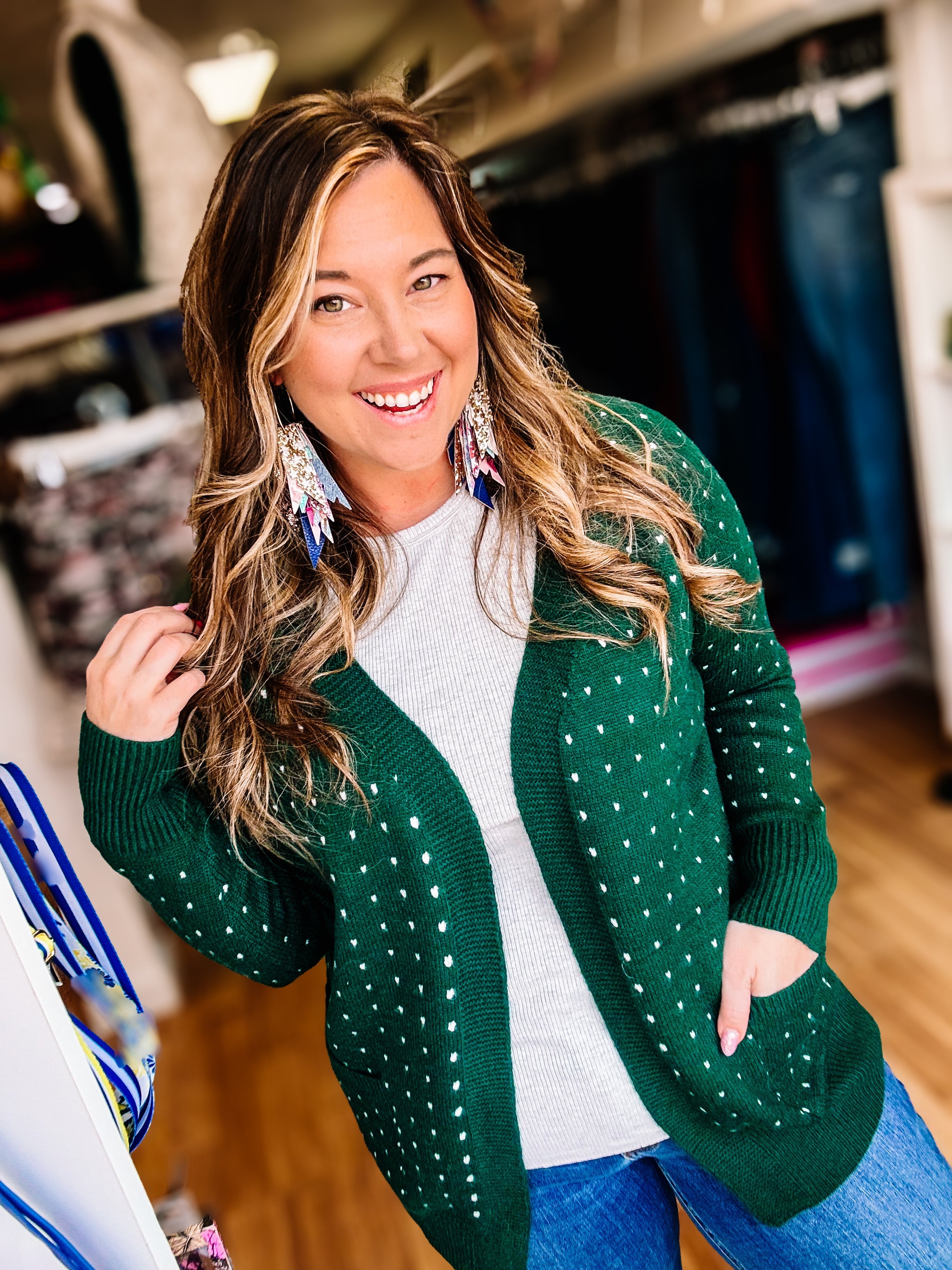 Dalilah Dot Cardigan- Forest Green-Cardigans-Dear Me Southern Boutique, located in DeRidder, Louisiana