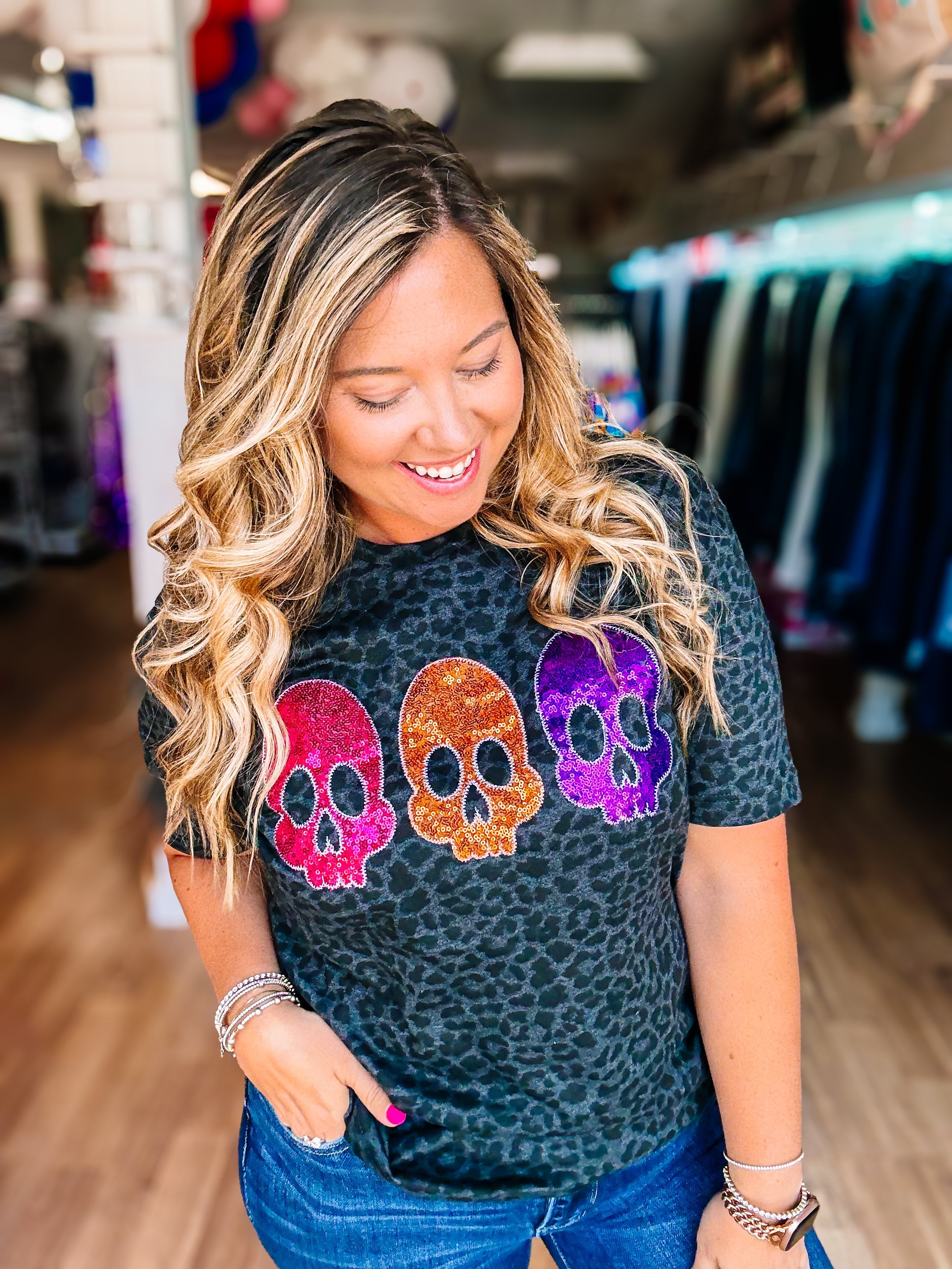 Dead Cute Sequin Leopard Tee-Graphic Tops-Dear Me Southern Boutique, located in DeRidder, Louisiana