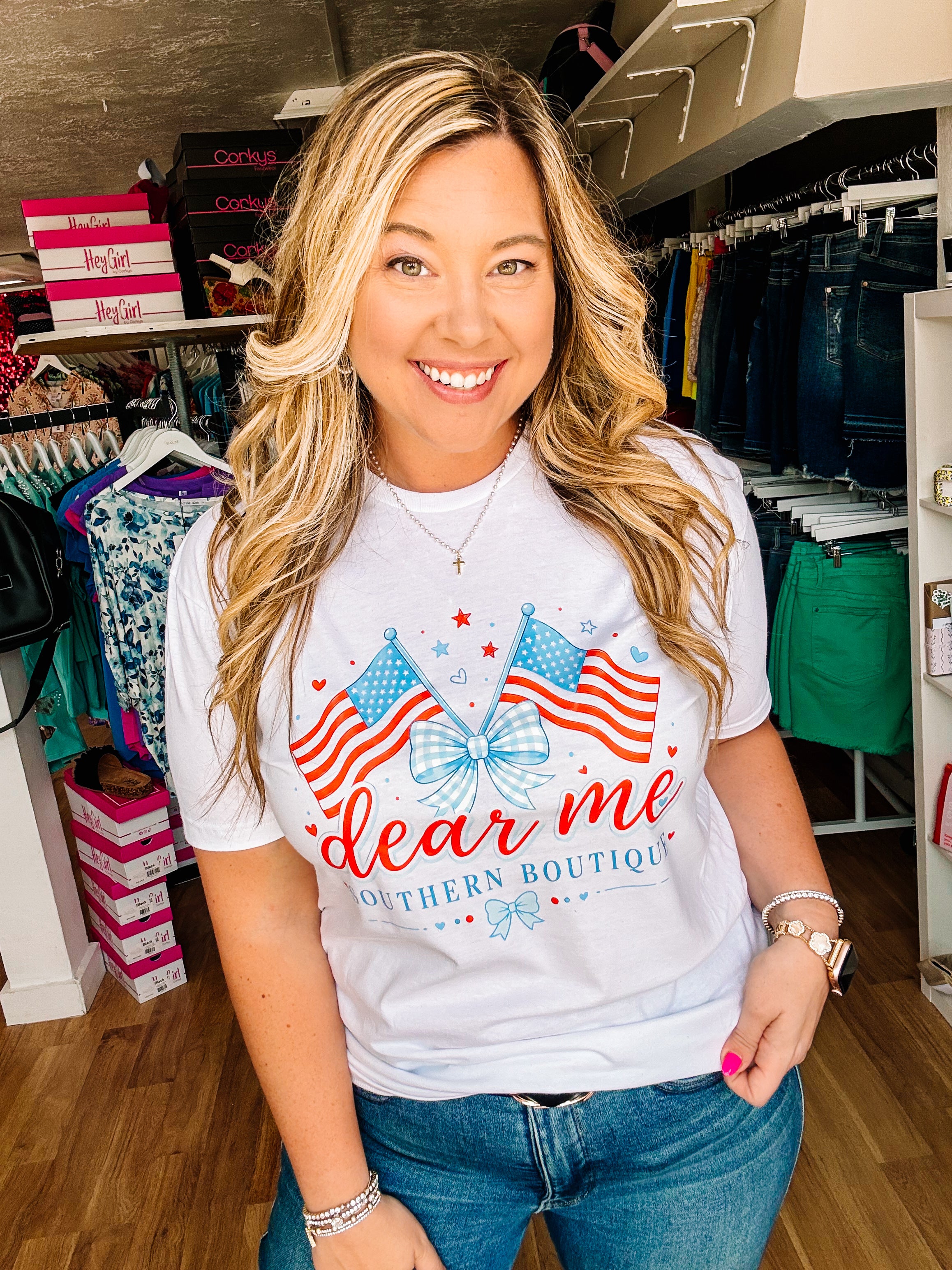 Dear Me Bow Glory Merch Tee-Graphic Tops-Dear Me Southern Boutique, located in DeRidder, Louisiana