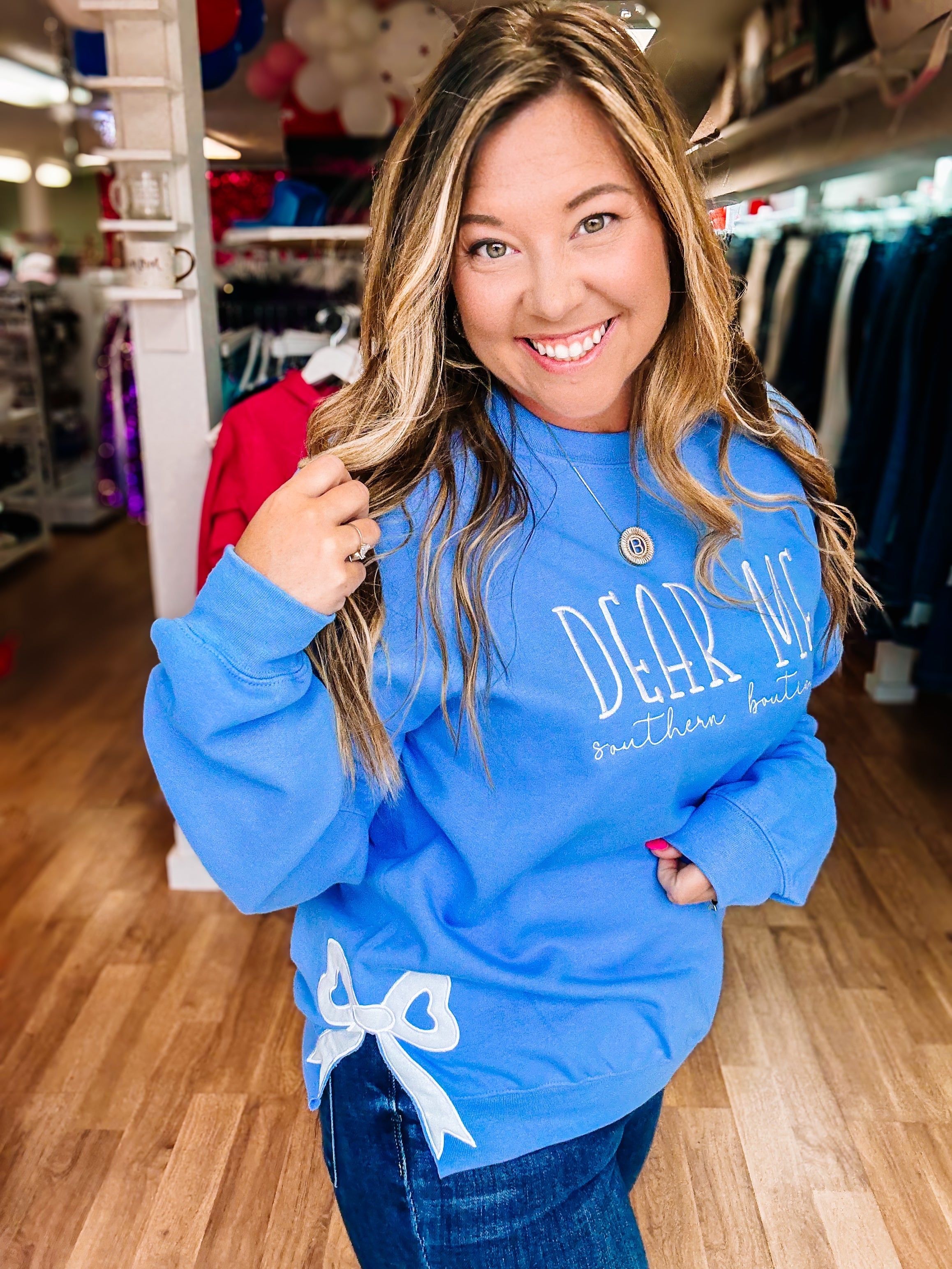 Dear Me Bow Merch Pullover - Baby Blue-Pullover-Dear Me Southern Boutique, located in DeRidder, Louisiana
