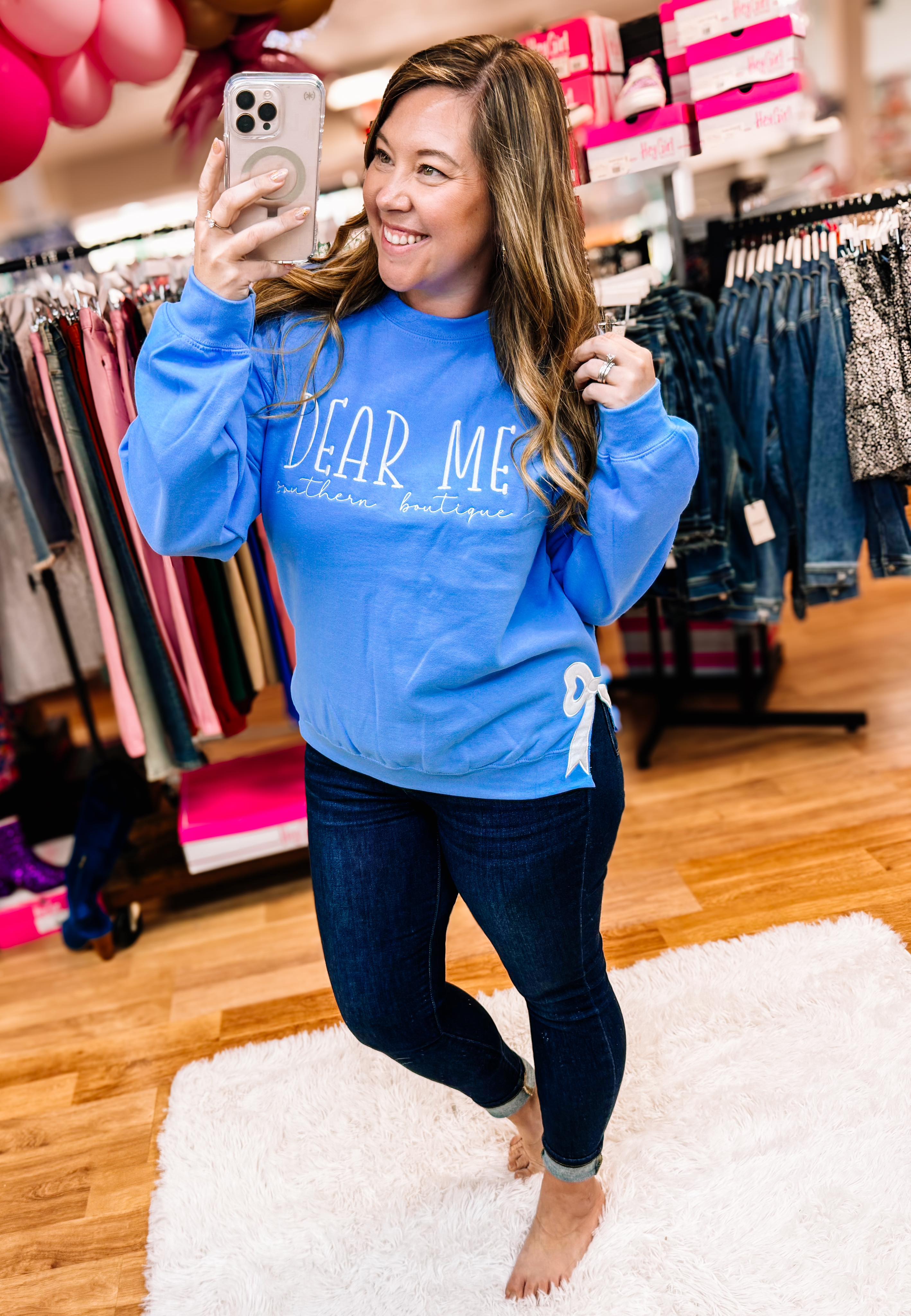 Dear Me Bow Merch Pullover - Baby Blue-Pullover-Dear Me Southern Boutique, located in DeRidder, Louisiana