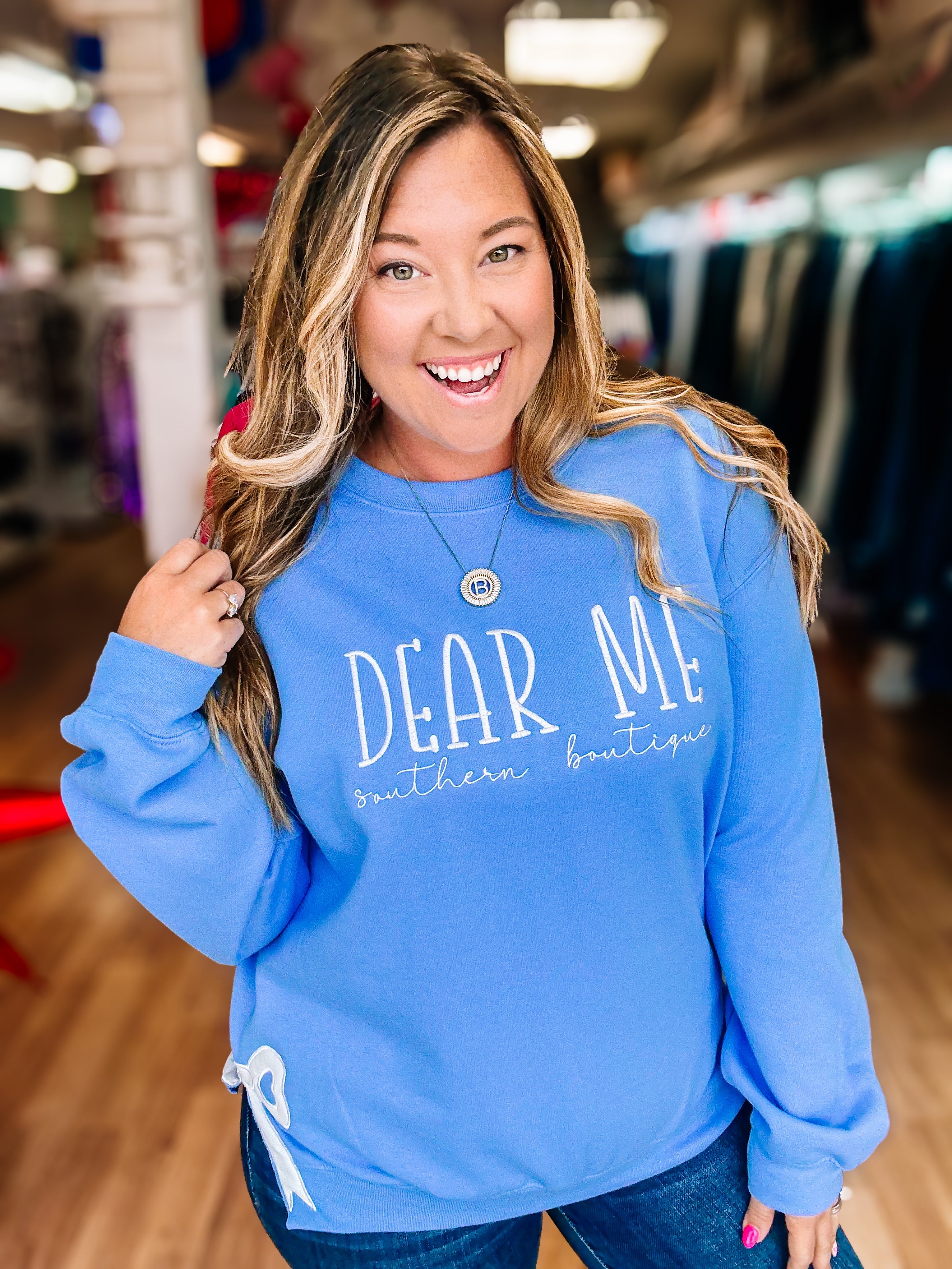 Dear Me Bow Merch Pullover - Baby Blue-Pullover-Dear Me Southern Boutique, located in DeRidder, Louisiana