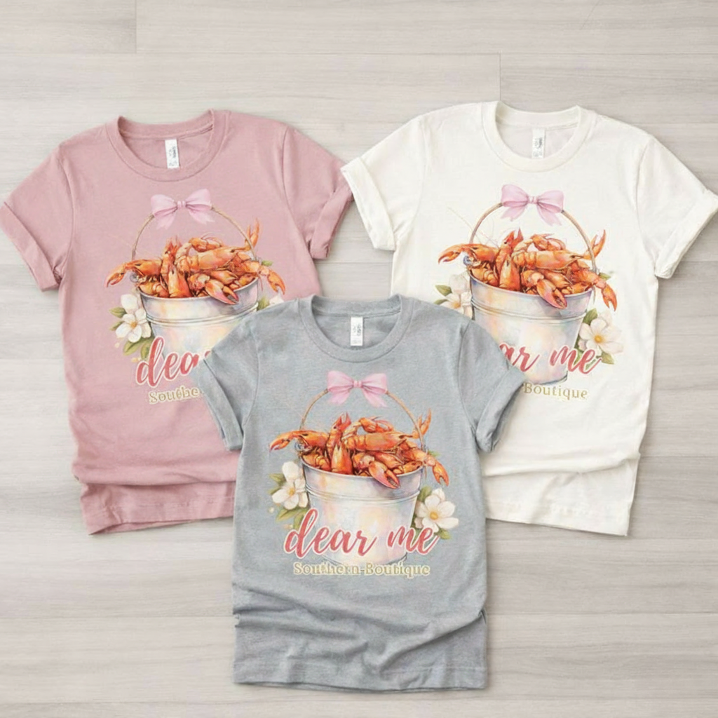 Dear Me Cutesy Crawfish Tee-Graphic Tops-Dear Me Southern Boutique, located in DeRidder, Louisiana