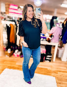 Defy Gravity Sequin Sleeve Top - Black-Blouses-Dear Me Southern Boutique, located in DeRidder, Louisiana