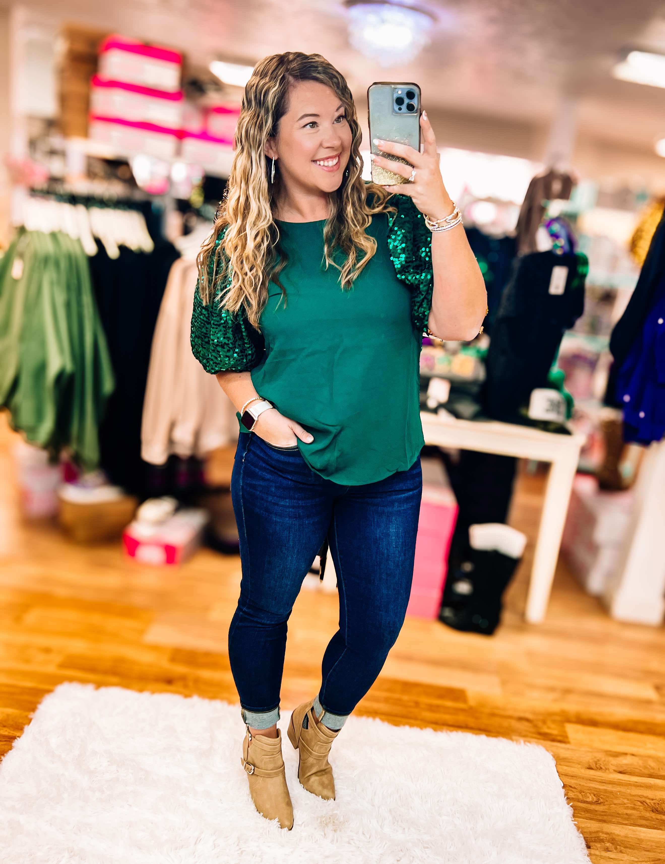 Defy Gravity Sequin Sleeve Top - Emerald-Blouses-Dear Me Southern Boutique, located in DeRidder, Louisiana