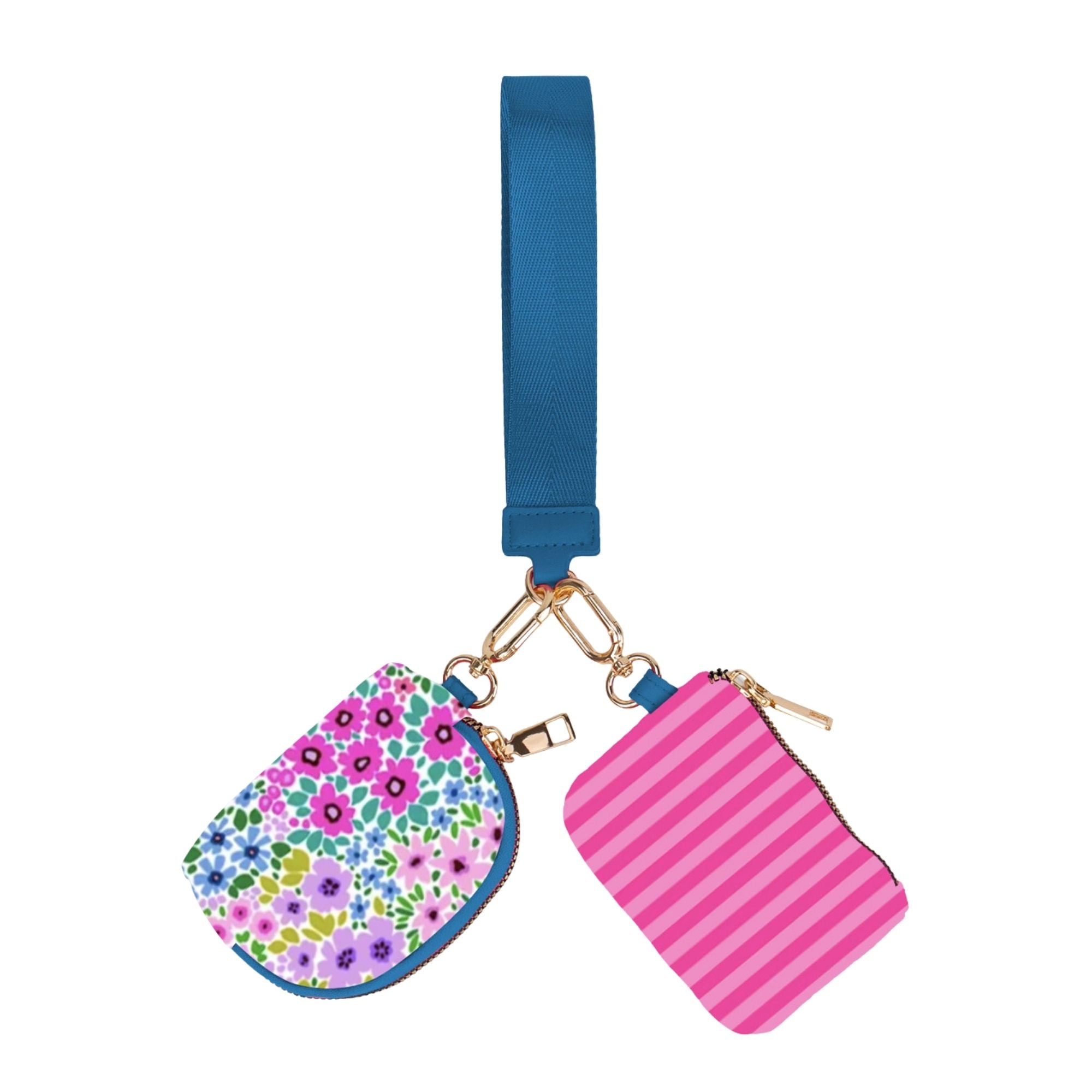 Double Pouch Wristlet- Falling for Florals/Bubblegum Stripes-Presales-Dear Me Southern Boutique, located in DeRidder, Louisiana