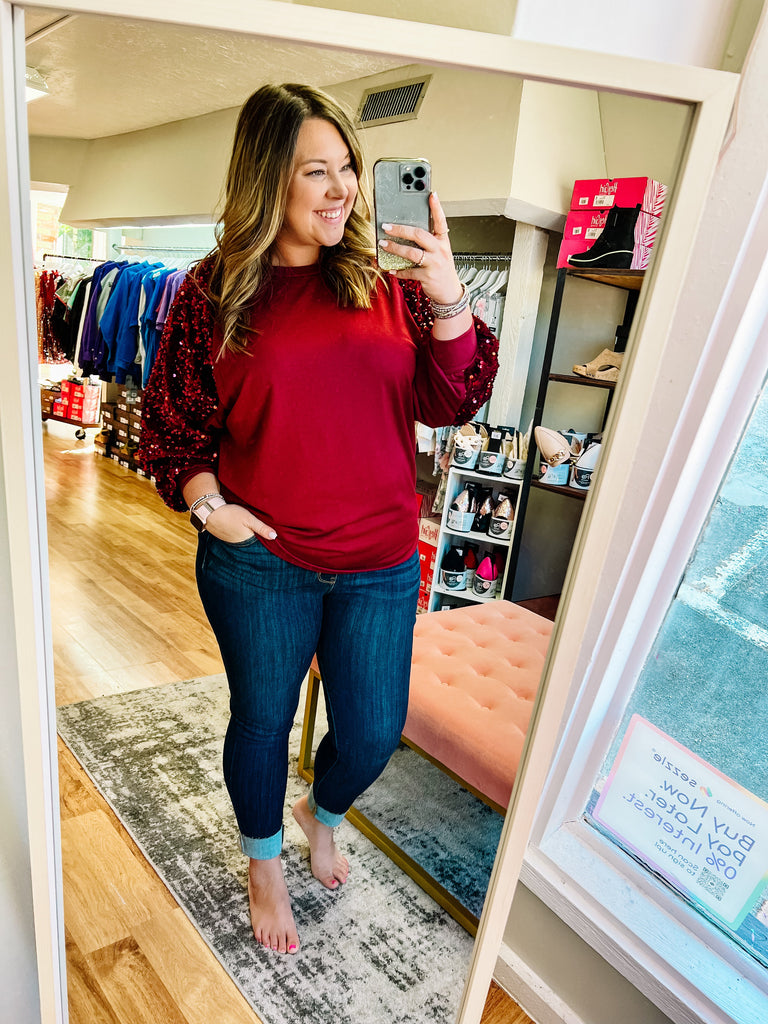 Dream Chaser Sequin Top- Burgundy-Dear Me Southern Boutique, located in DeRidder, Louisiana