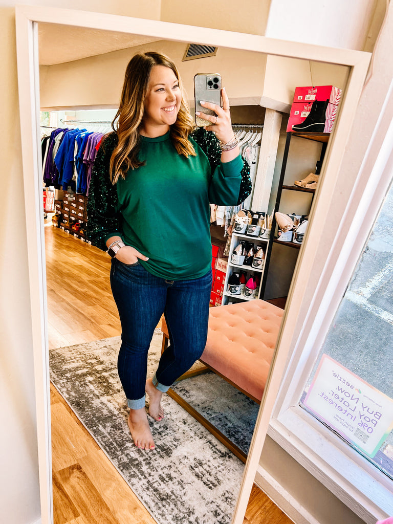 Dream Chaser Sequin Top- Hunter Green-Dear Me Southern Boutique, located in DeRidder, Louisiana