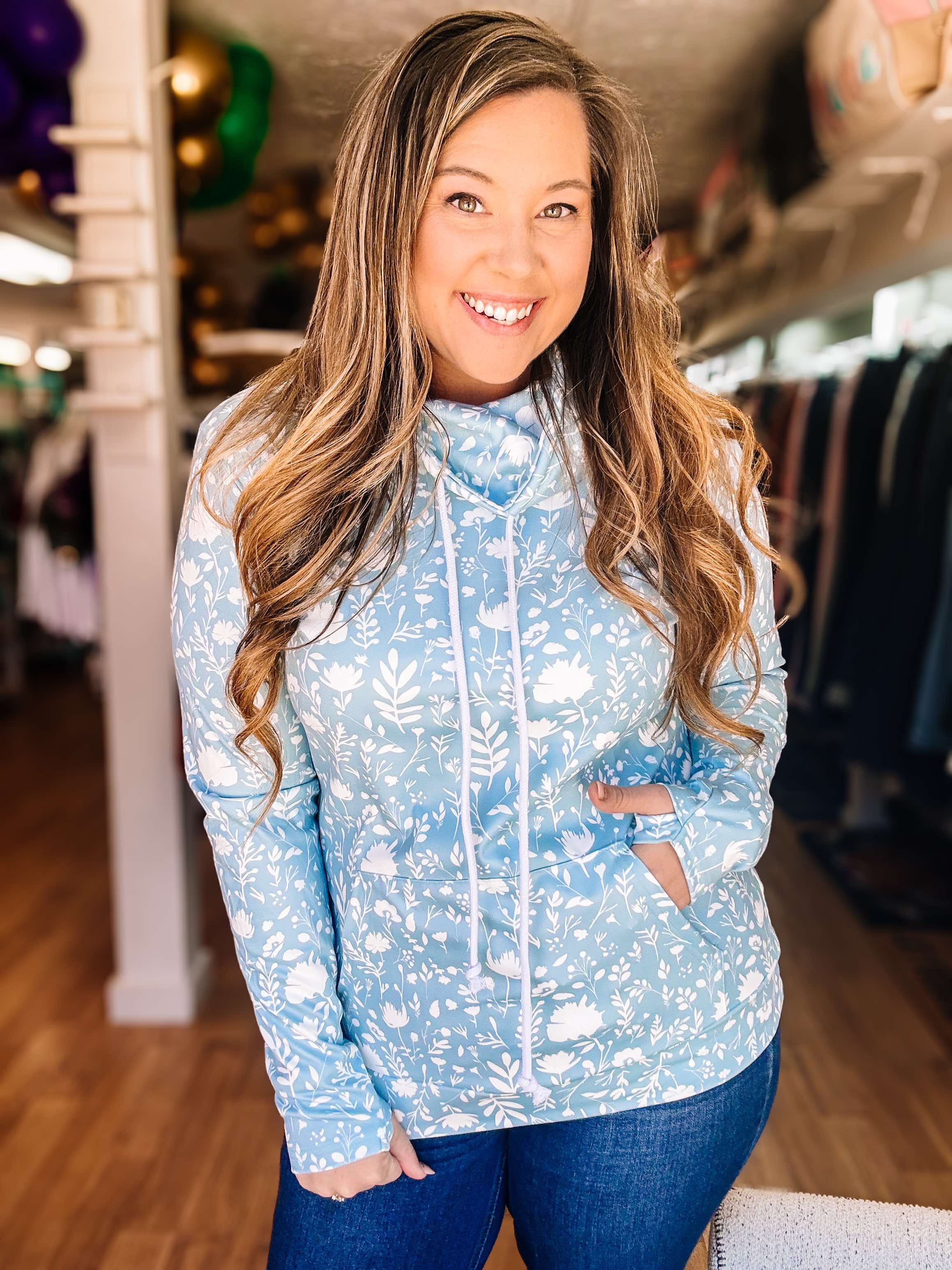 Dreamy Blue Meadows Funnel Neck Pullover-Sweaters-Dear Me Southern Boutique, located in DeRidder, Louisiana