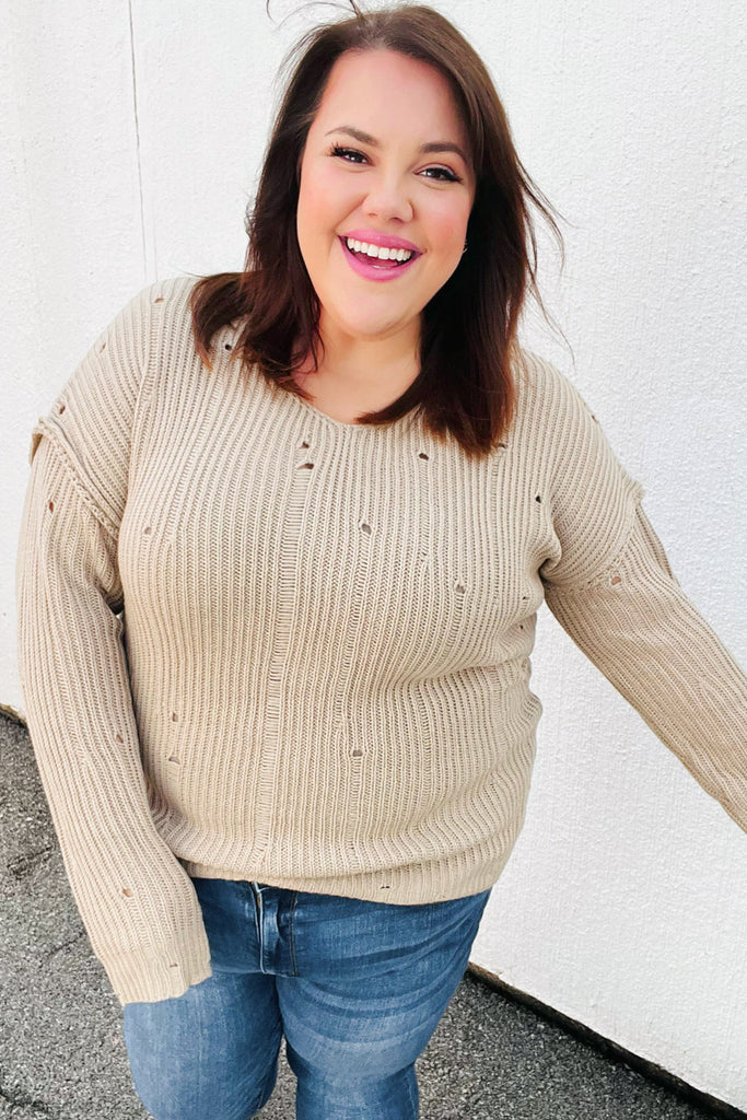 Dueling Dreams Taupe Distressed V Neck Sweater-Dear Me Southern Boutique, located in DeRidder, Louisiana