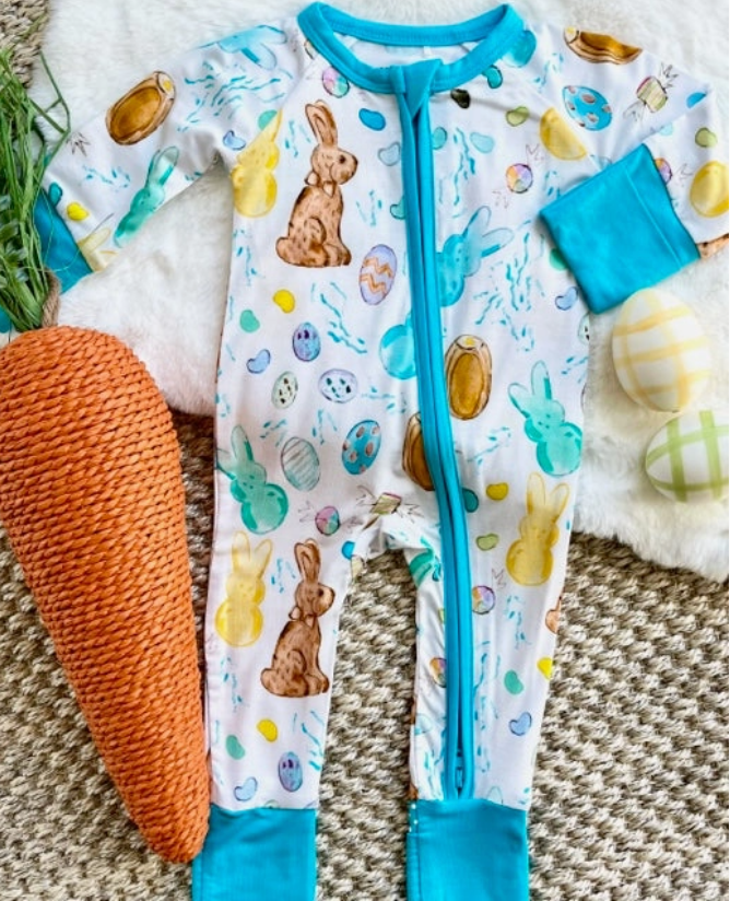 Easter Candy Zipper Onesie - White/Blue-Kids-Dear Me Southern Boutique, located in DeRidder, Louisiana