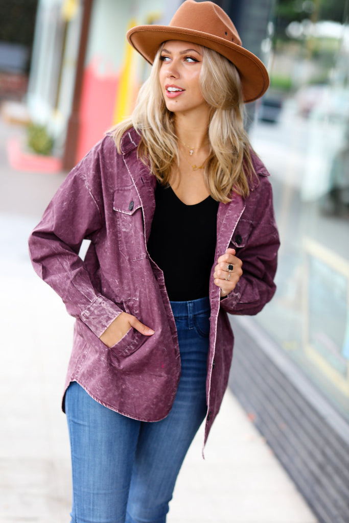 Eggplant Cotton Oversized Vintage Lightweight Washed Shacket-Dear Me Southern Boutique, located in DeRidder, Louisiana