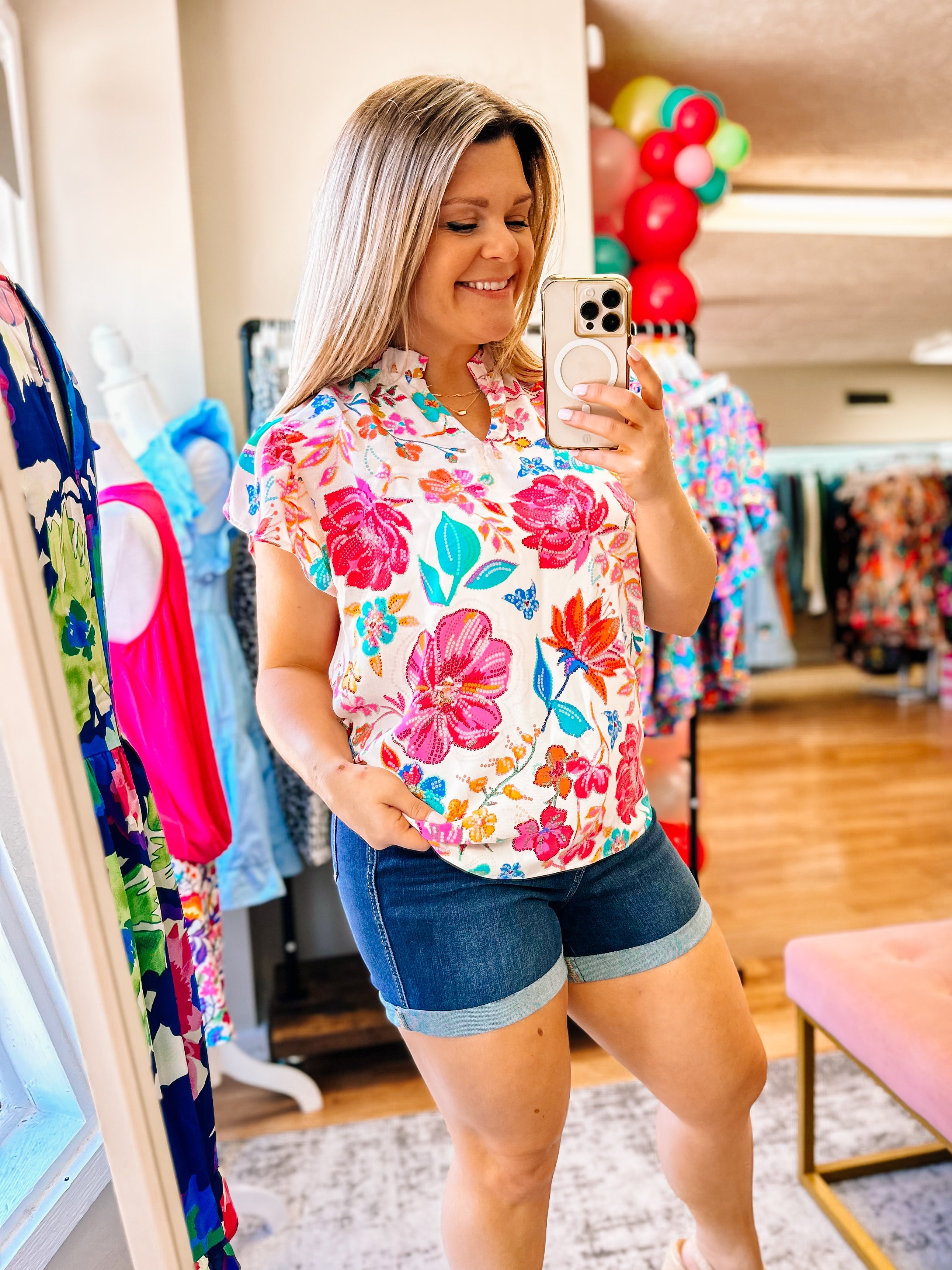 Embrace YOUR Day Floral Notched Neck Top-Tops-Dear Me Southern Boutique, located in DeRidder, Louisiana