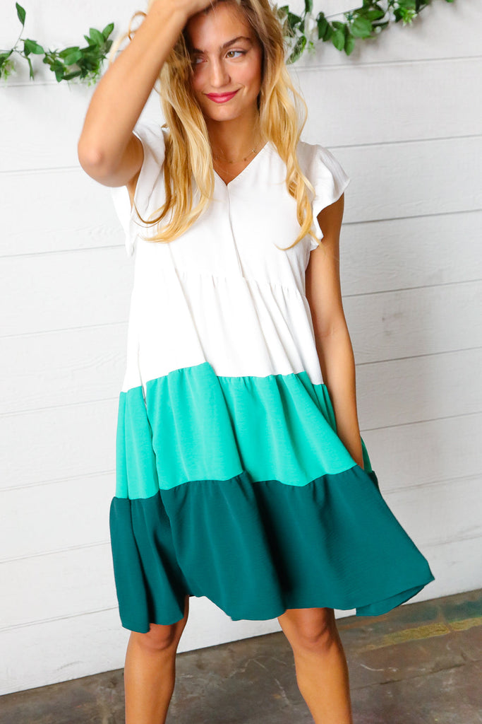 Emerald Tiered Frill Sleeve Midi Dress-Dear Me Southern Boutique, located in DeRidder, Louisiana