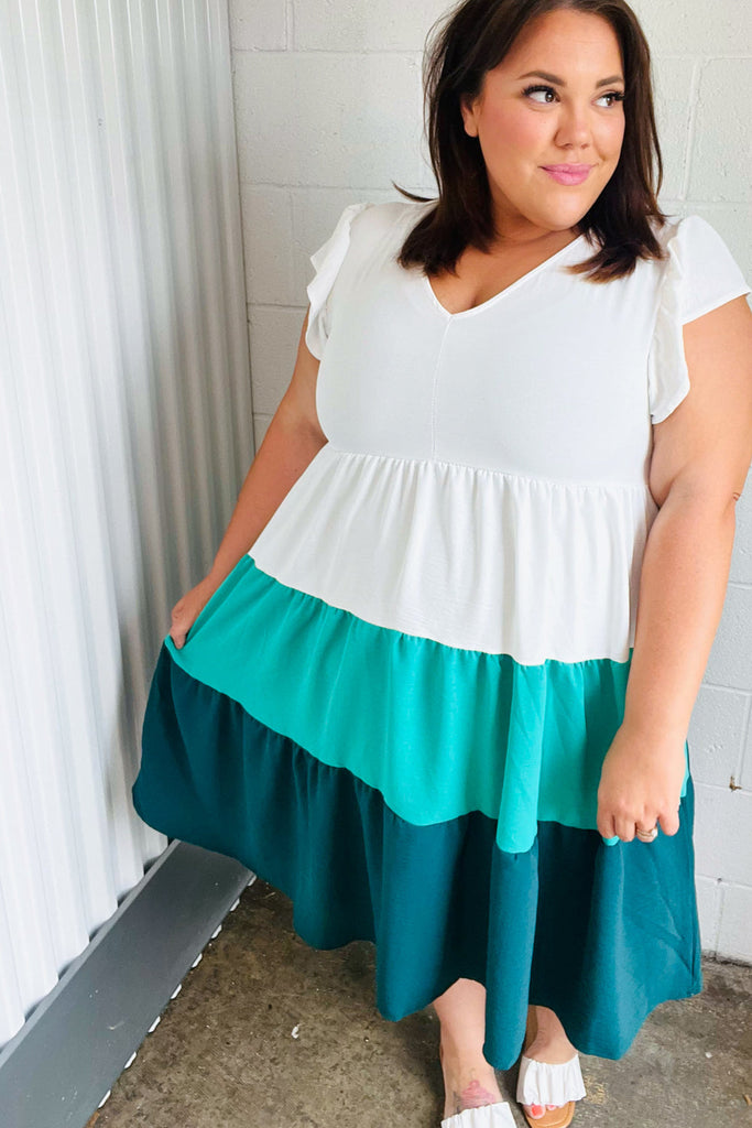 Emerald Tiered Frill Sleeve Midi Dress-Dear Me Southern Boutique, located in DeRidder, Louisiana