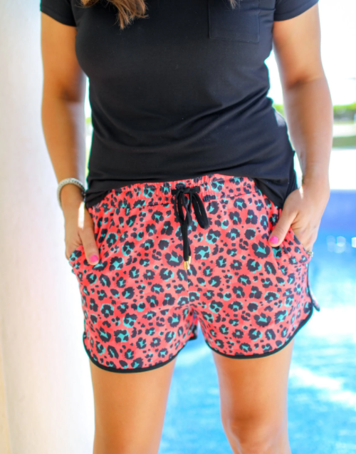 Everyday Drawstring shorts - Grey Camo & Coral Leopard-Bottoms-Dear Me Southern Boutique, located in DeRidder, Louisiana