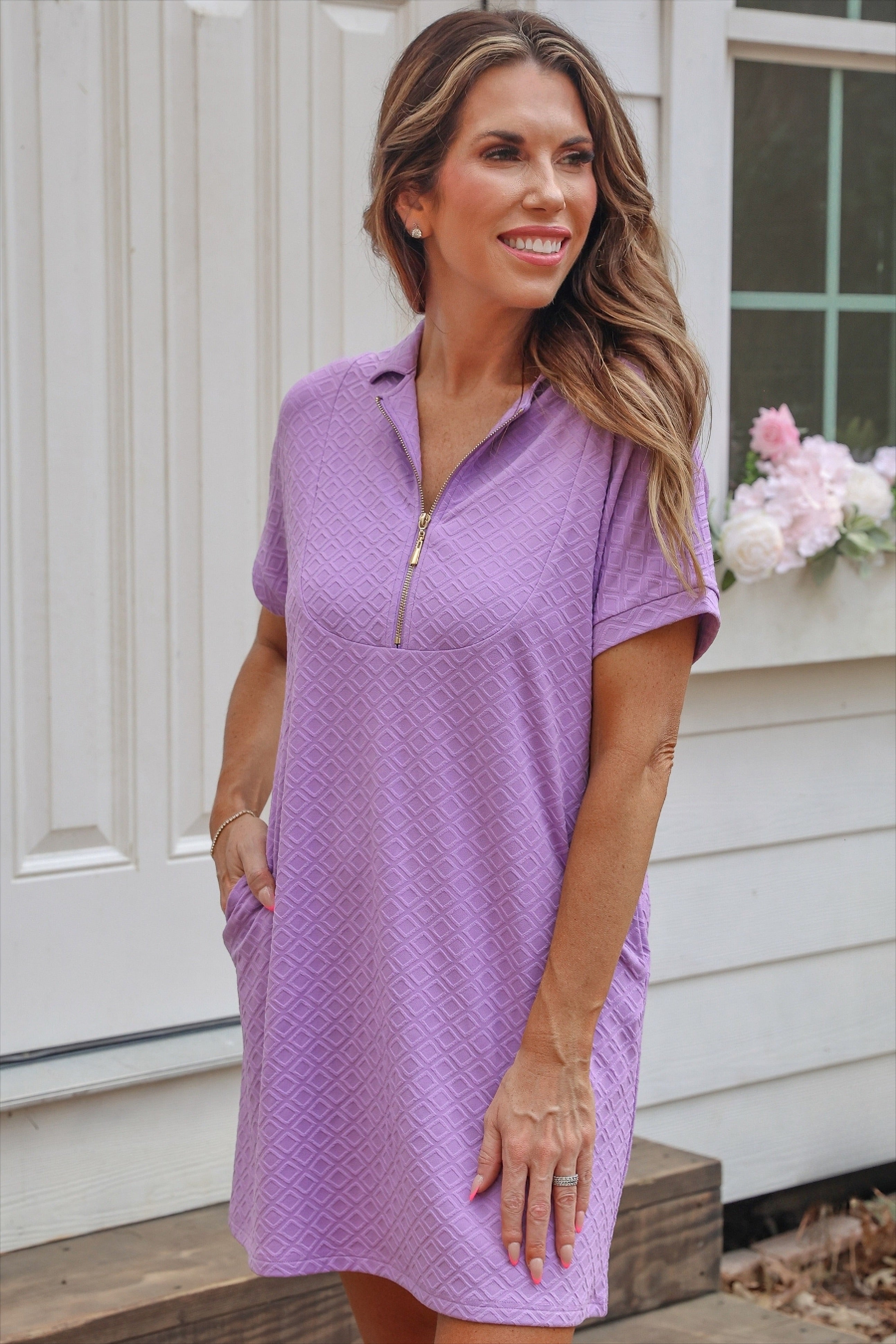 Ezra Textured Zipper Dress- Lavender-Dresses-Dear Me Southern Boutique, located in DeRidder, Louisiana