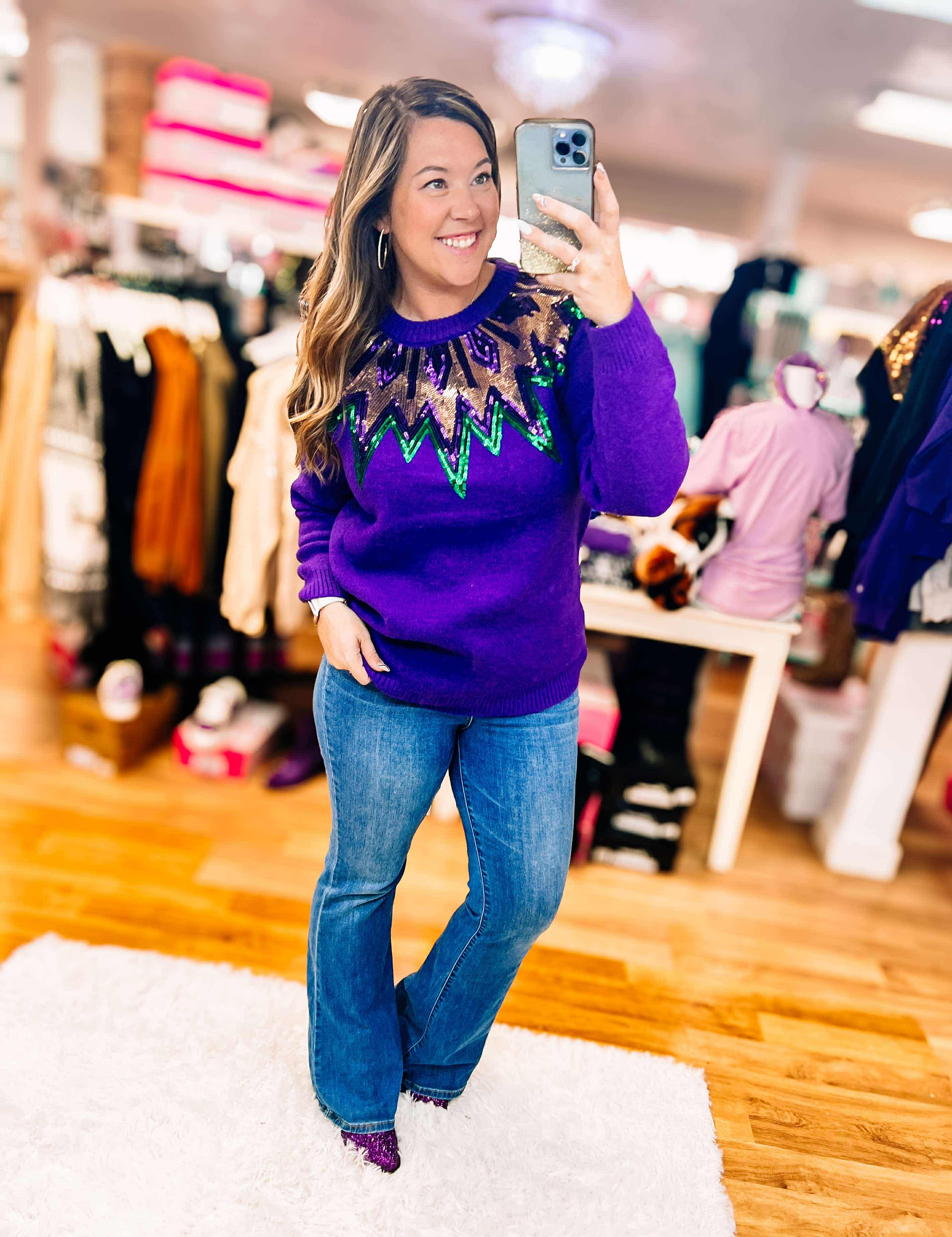 Fair Isle Mardi Gras Sequin Sweater-Sweaters-Dear Me Southern Boutique, located in DeRidder, Louisiana