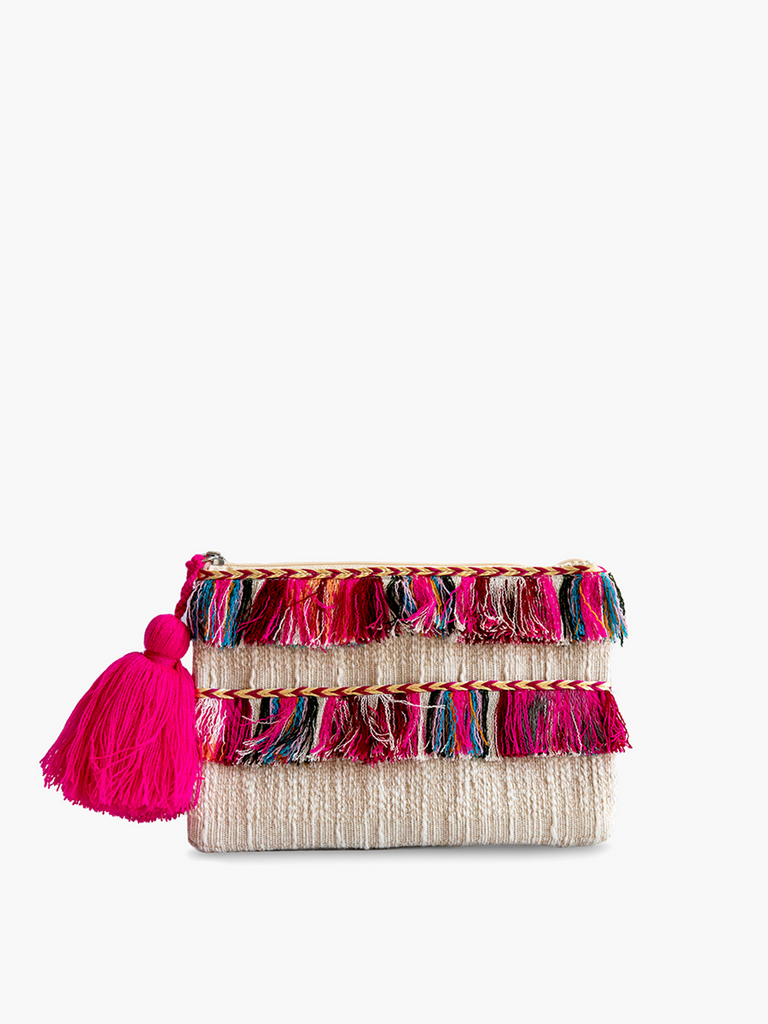 Faith Printed Cotton Pouch with Fringe- Beige/Pink-Dear Me Southern Boutique, located in DeRidder, Louisiana