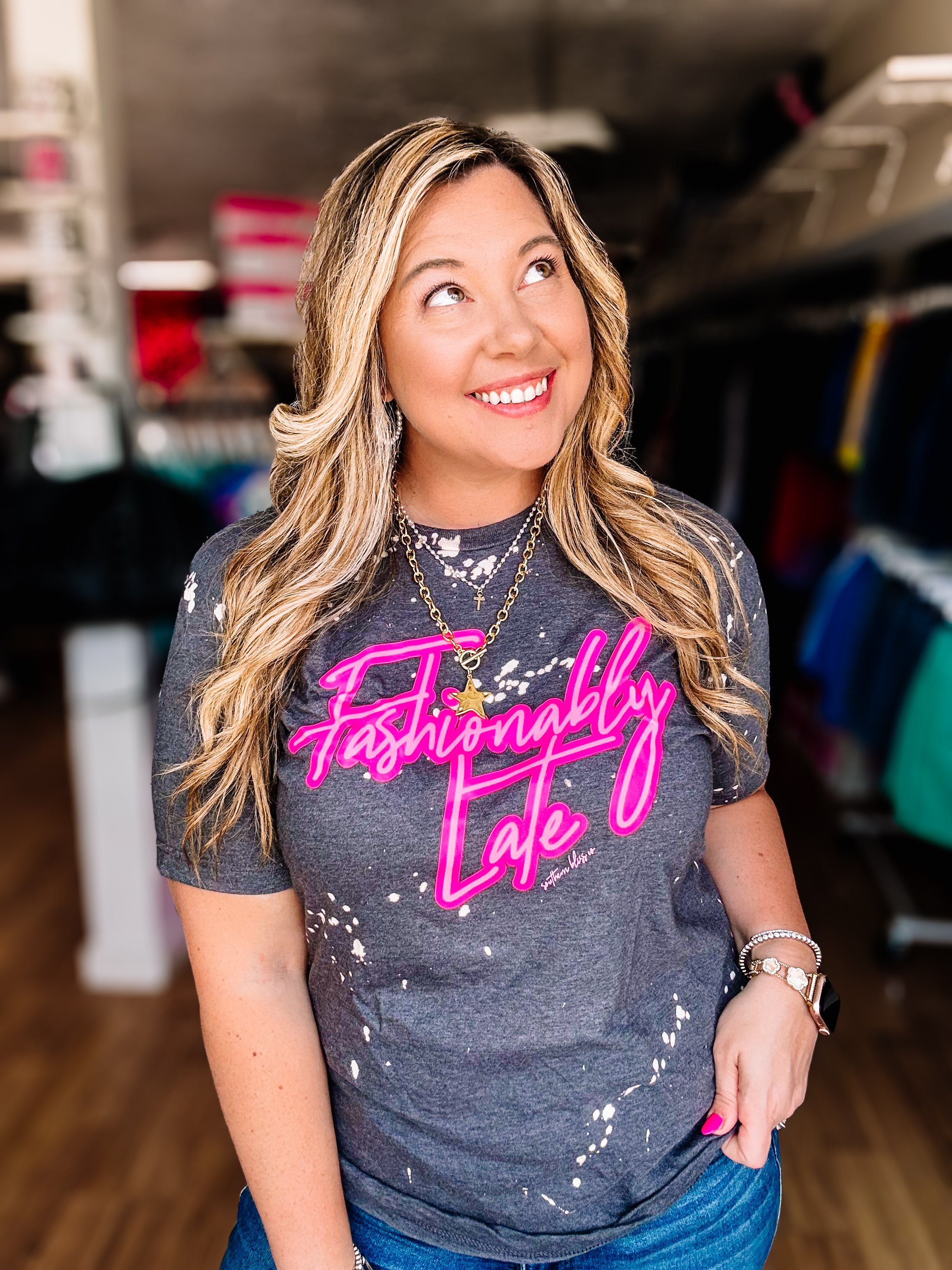Fashionably Late Bleached Tee-Dear Me Southern Boutique, located in DeRidder, Louisiana