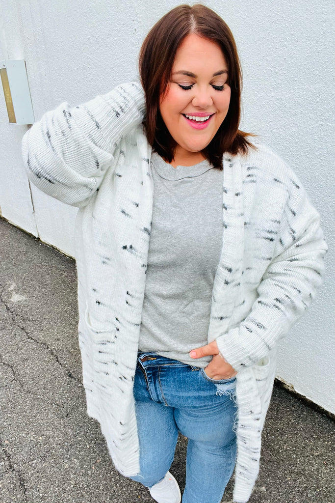 Feeling In Love Ivory/Charcoal Textured Soft Brushed Cardigan-Dear Me Southern Boutique, located in DeRidder, Louisiana