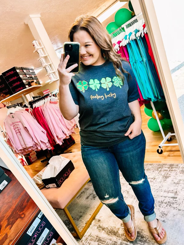 Feeling Lucky Clover Tee-Dear Me Southern Boutique, located in DeRidder, Louisiana