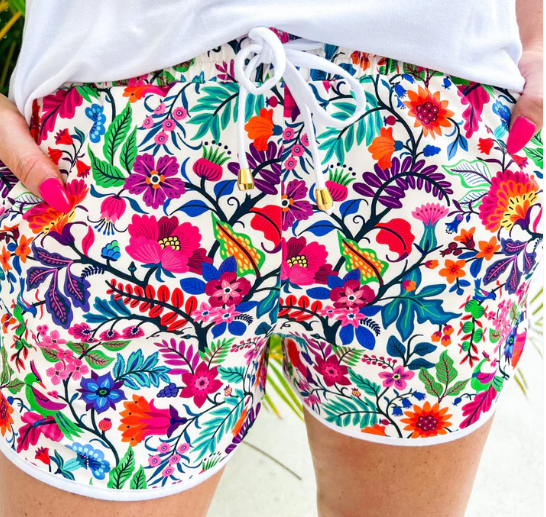 Fiesta Time Floral Everyday Drawstring Shorts-Dear Me Southern Boutique, located in DeRidder, Louisiana