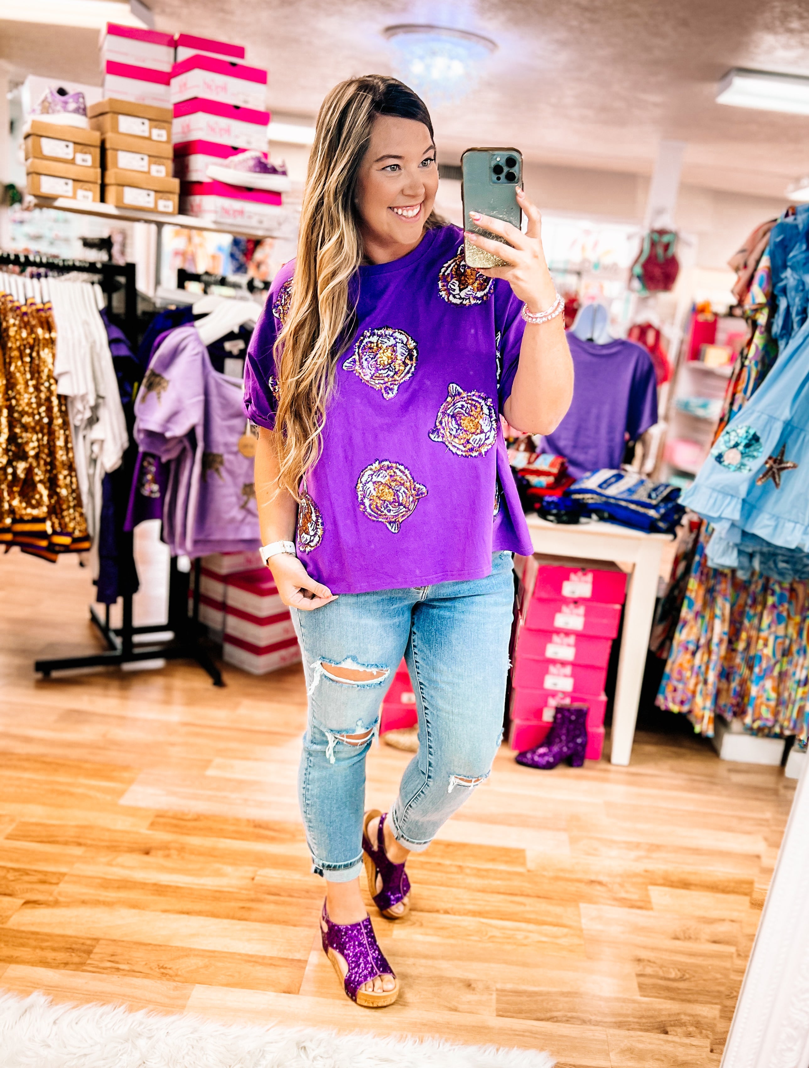 Fighting Tigers Sequin Oversized Top-Graphic Tops-Dear Me Southern Boutique, located in DeRidder, Louisiana