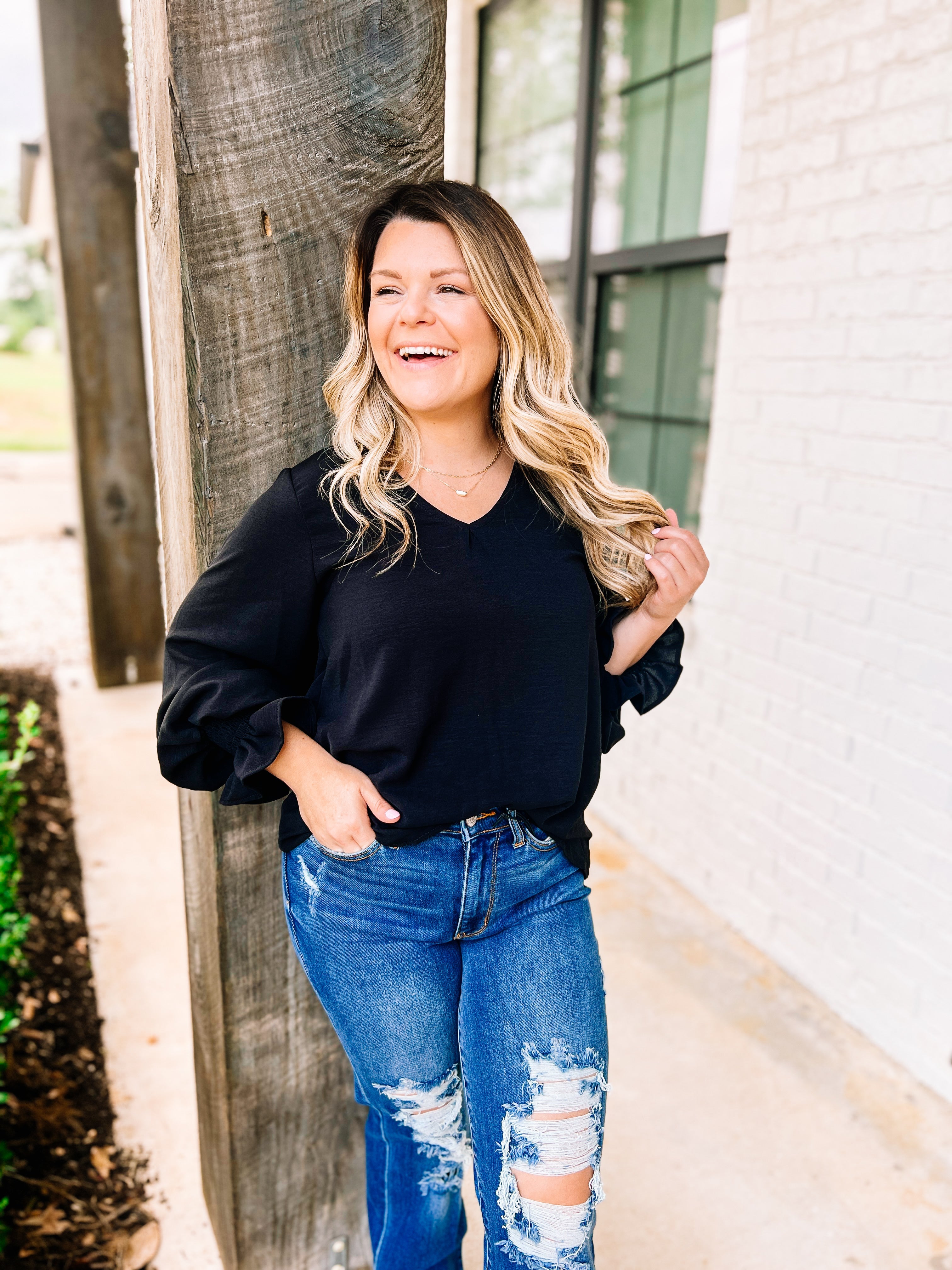 Flirting With Fall Top- Black-Long Sleeves-Dear Me Southern Boutique, located in DeRidder, Louisiana