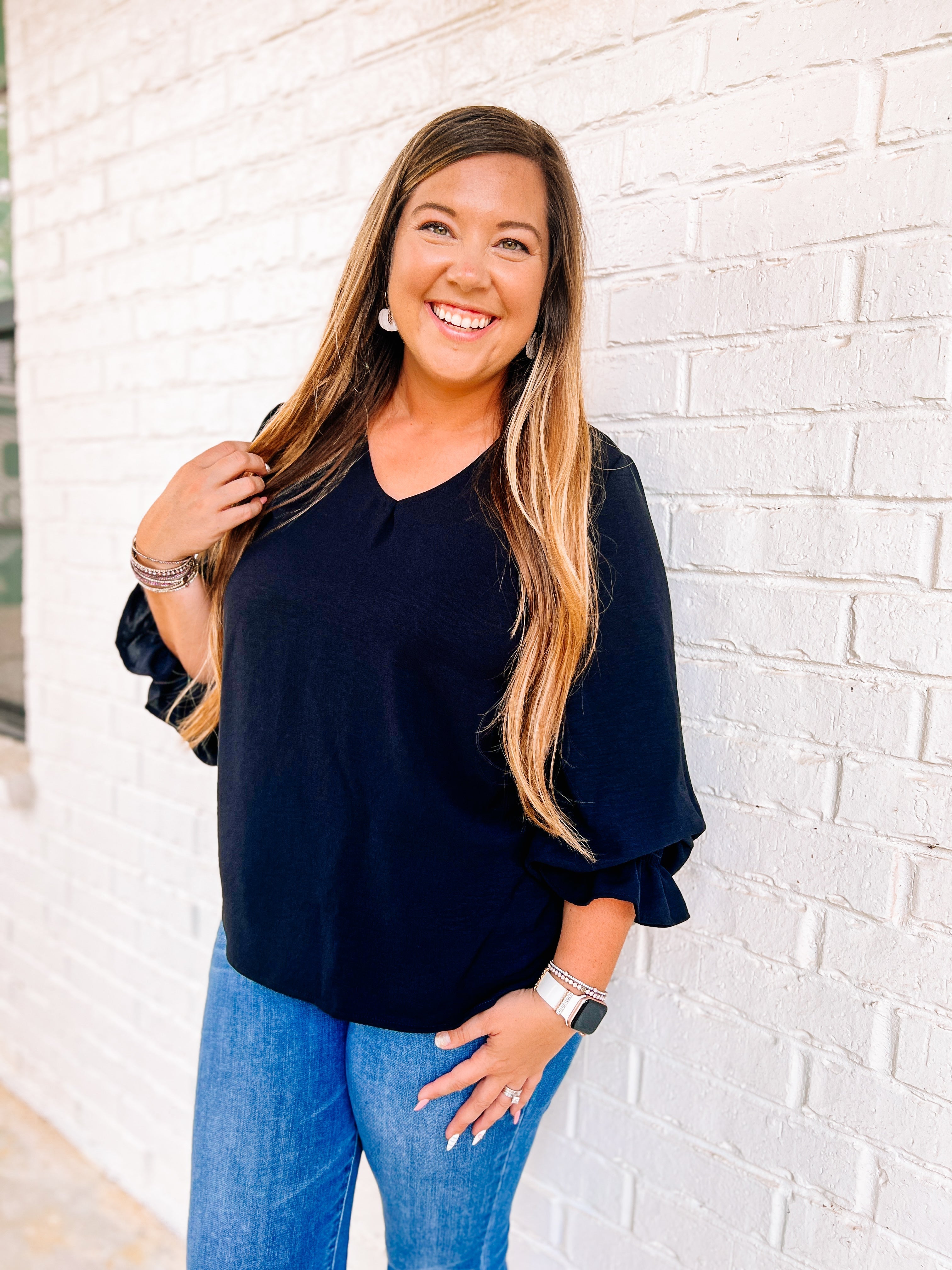 Flirting With Fall Top- Black-Long Sleeves-Dear Me Southern Boutique, located in DeRidder, Louisiana