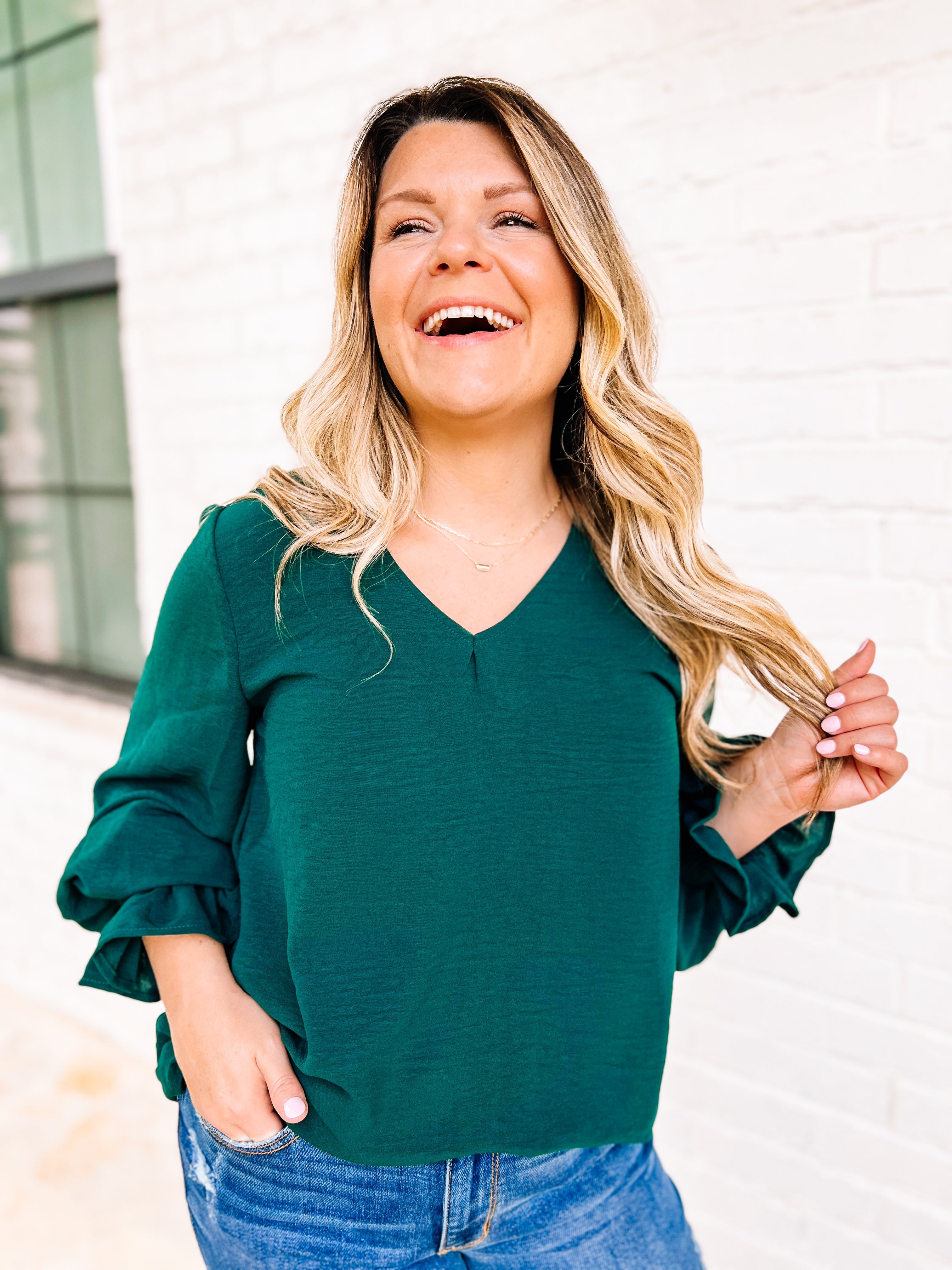 Flirting With Fall Top- Hunter Green-Long Sleeves-Dear Me Southern Boutique, located in DeRidder, Louisiana