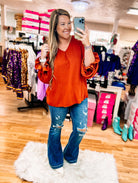 Flirting With Fall Top - Rust-Long Sleeves-Dear Me Southern Boutique, located in DeRidder, Louisiana