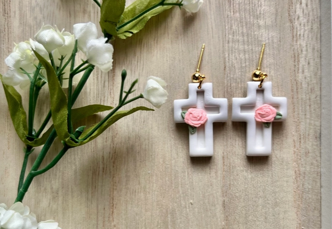 Floral Cross Clay Earrings-Earrings-Dear Me Southern Boutique, located in DeRidder, Louisiana