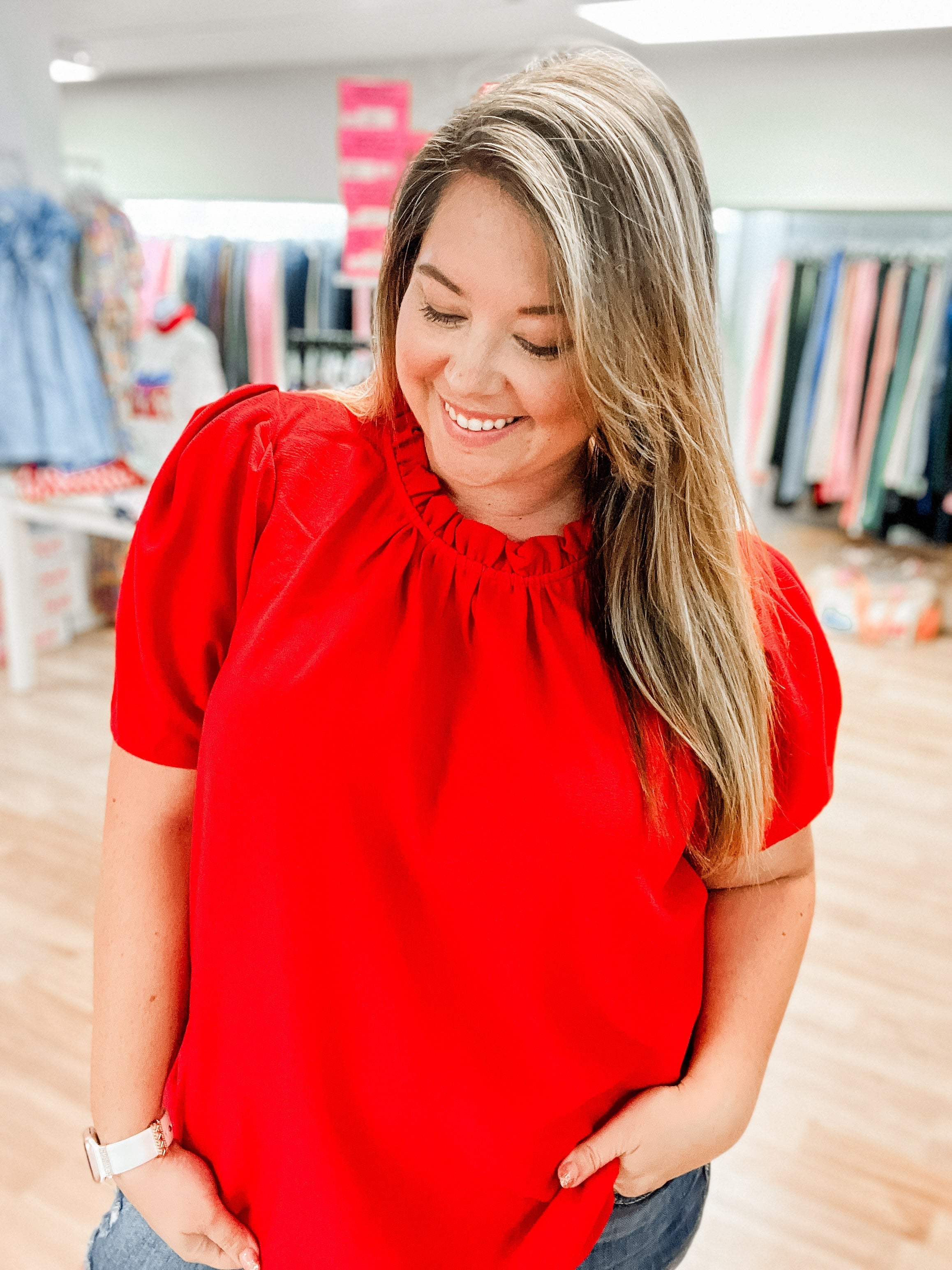 Follow Me Red Frill Top-Tops-Dear Me Southern Boutique, located in DeRidder, Louisiana