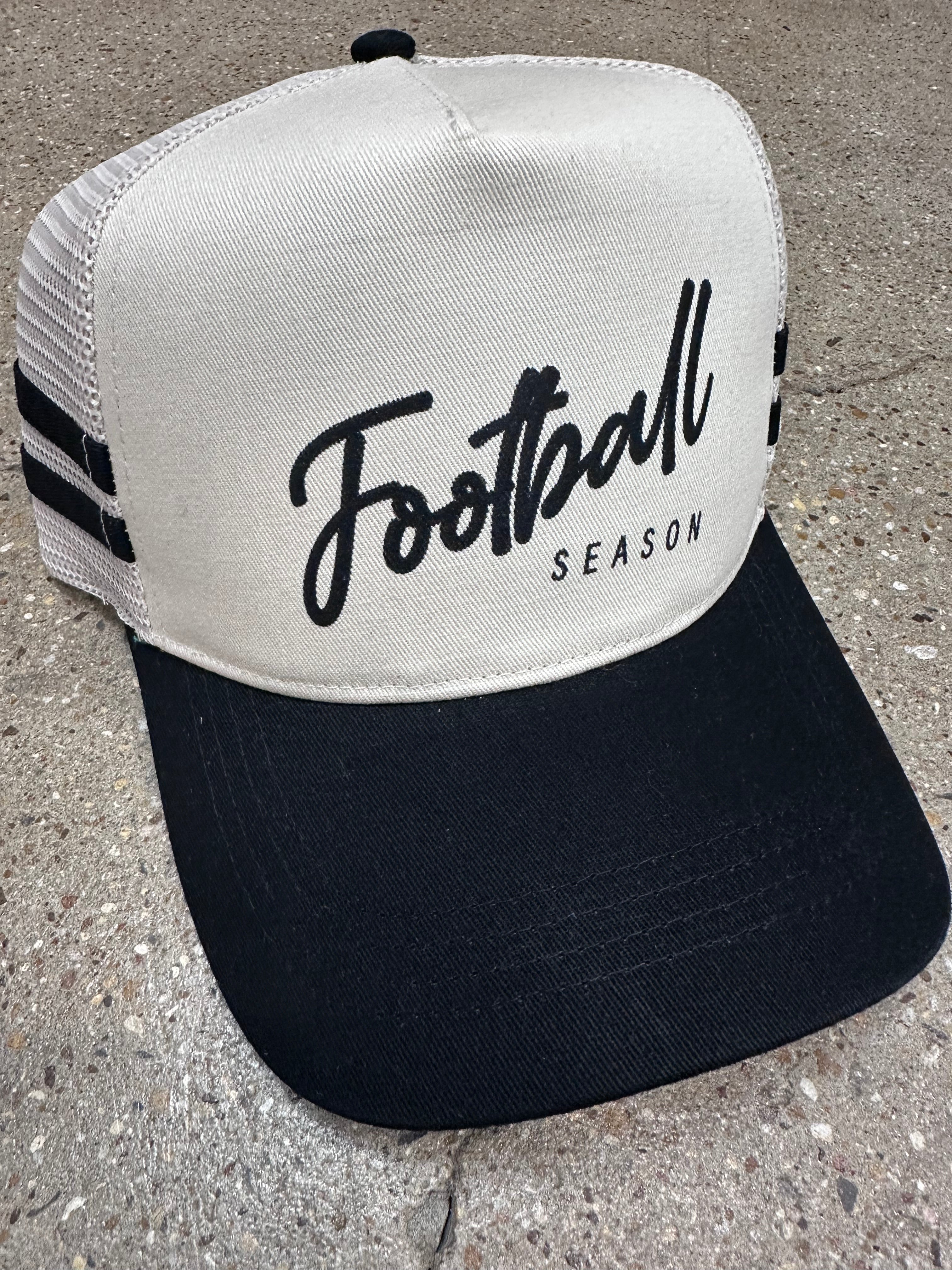 Football Season black striped canvas Trucker Hat-hat-Dear Me Southern Boutique, located in DeRidder, Louisiana