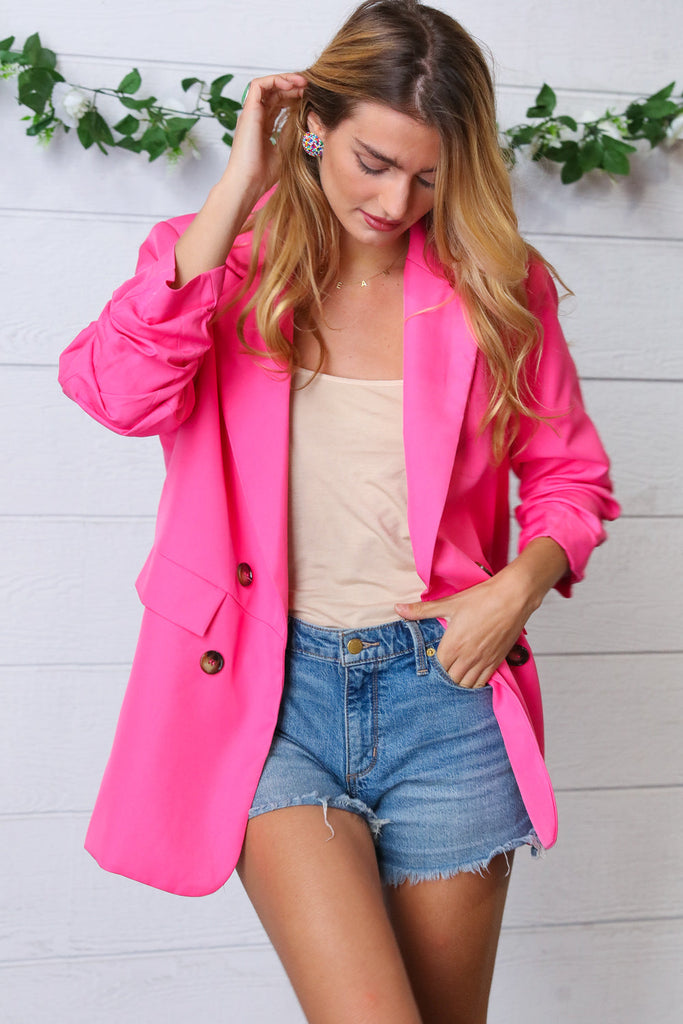 Fuchsia Notched Lapel Ruched Sleeve Blazer-Dear Me Southern Boutique, located in DeRidder, Louisiana