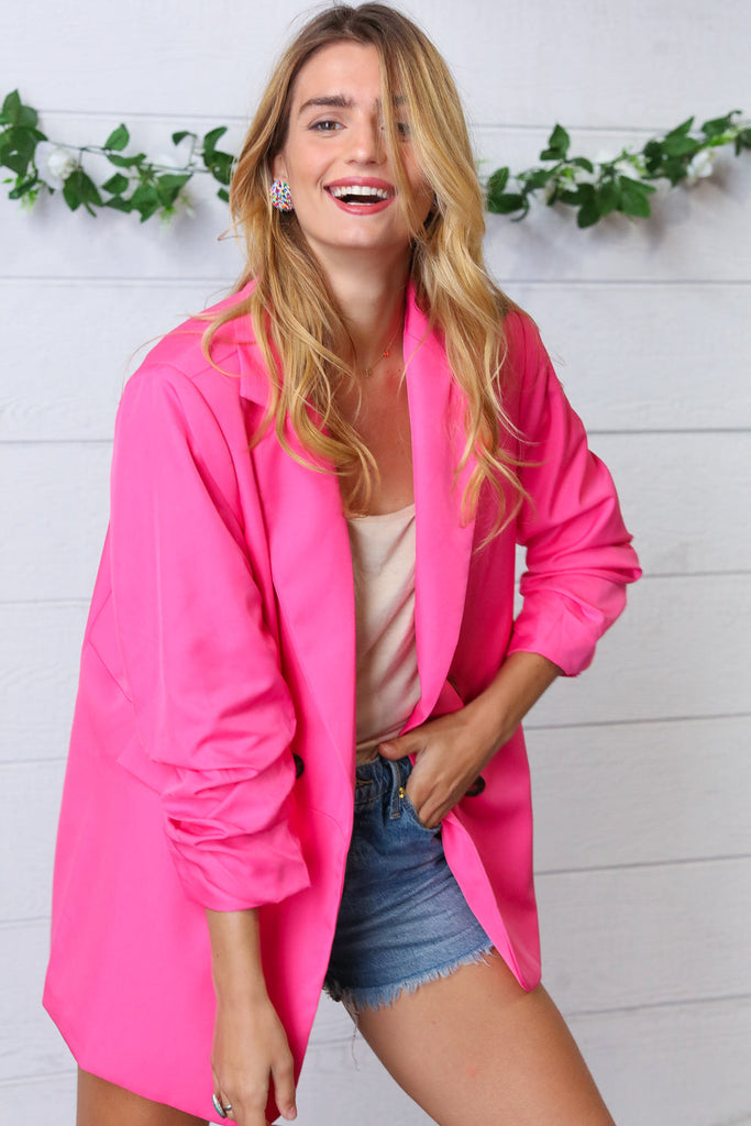 Fuchsia Notched Lapel Ruched Sleeve Blazer-Dear Me Southern Boutique, located in DeRidder, Louisiana